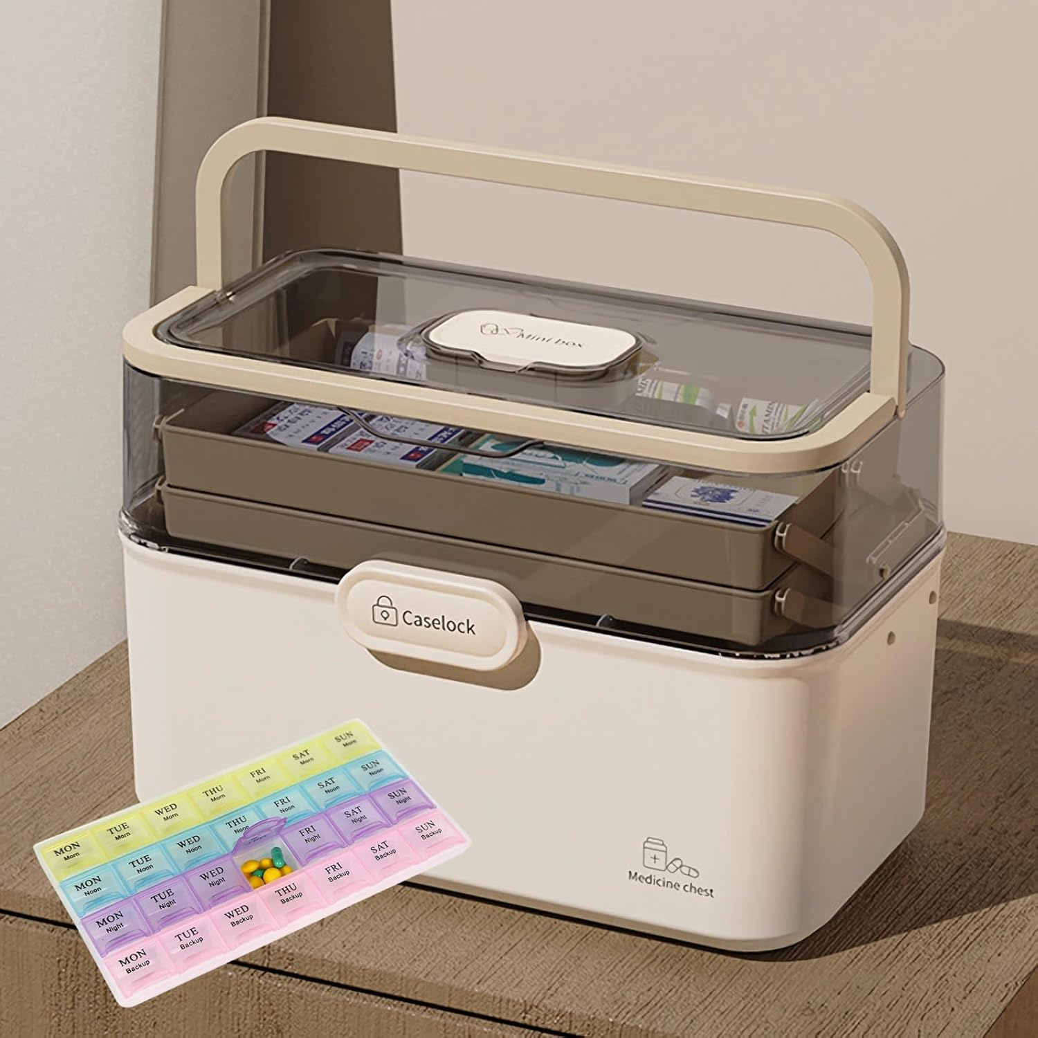 Household Medicine Cabinet/Box with 7 Day Large Pill Organizer (Three Times-A-Day) and Six Grids Pill Organizer-Three-Tier Storage Area,Large Capacity image number 1