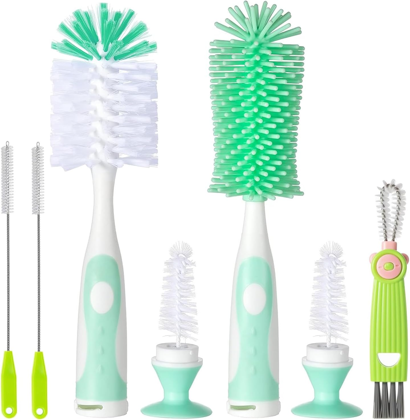 Baby Bottle Cleaner 4 in 1, Bottle Brush Set, with 1P Nylon Bottle Brush, 1P Bottle Cap Brushes, 2P Straw Brushes, Bottle Brush with Nipple Cleaner and Suction Cup, Bpa-Free(Green)
