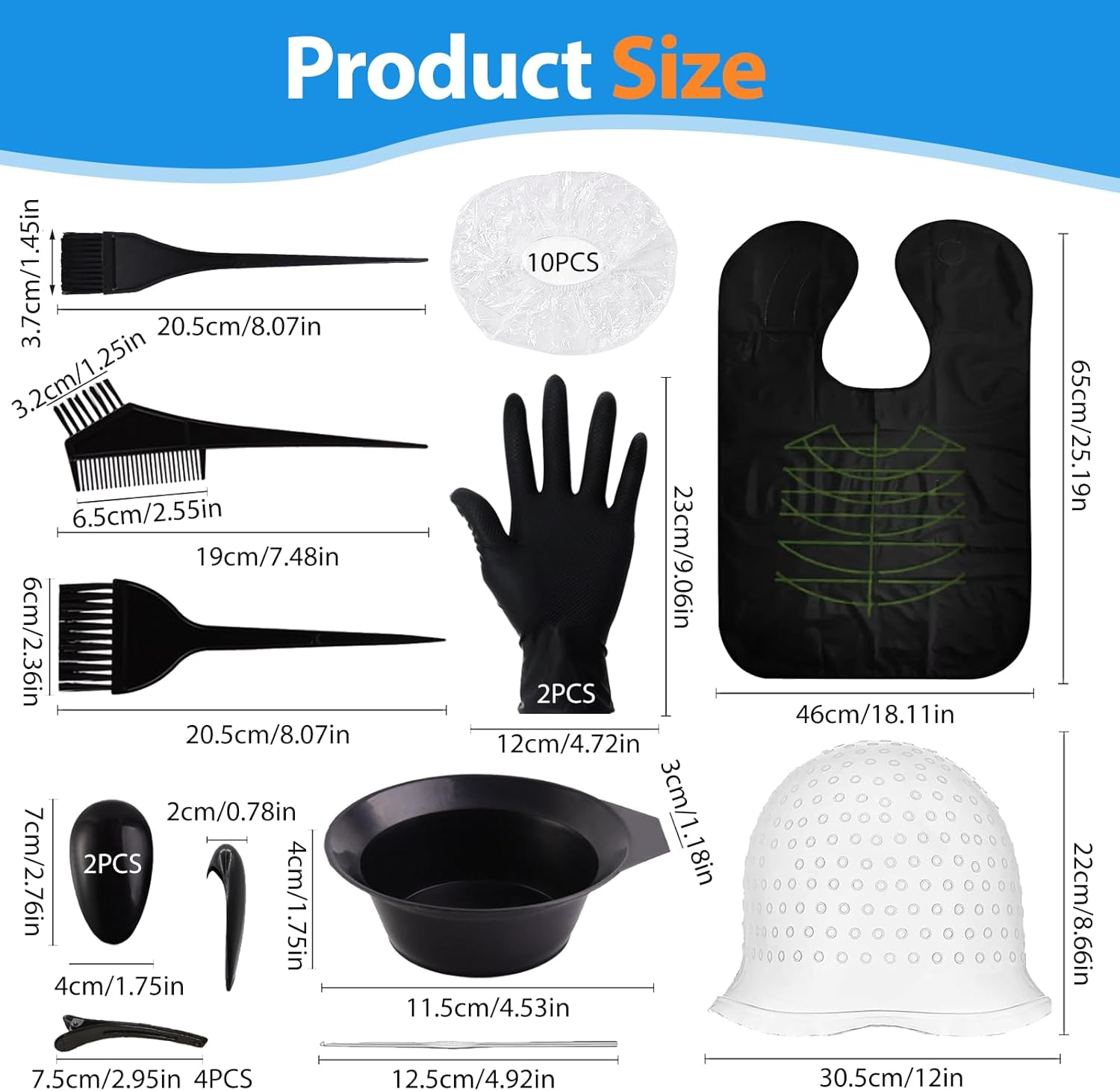 23-Piece Hair Dye Brush Set, Hair Dyeing Accessories, Hair Colouring Tool, with Silicone Hair Dye Cap, Hair Dye Brush, Hair Clips, Black Latex Gloves, Ear Plugs, Folding Bowl, Scarf, Bath Cap