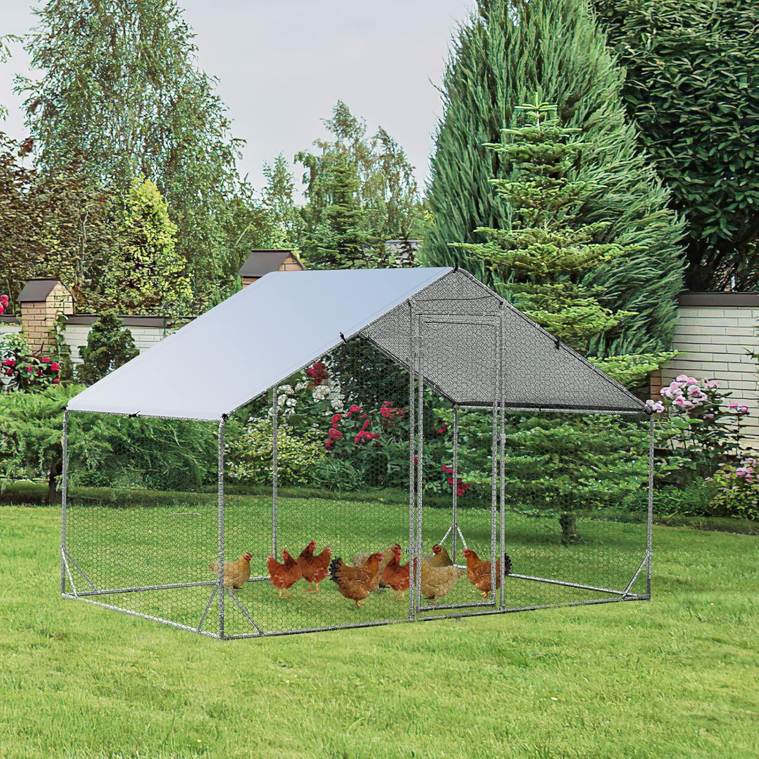 Costway Large Spire-Shaped Chicken Coop, Galvanized Metal Hen House with Waterproof & Sun-Protective Cover, Walk-In Pen Run for Chicken, Rabbits, Ducks, Poultry Cage, Rabbit Hutch Ferret Cage