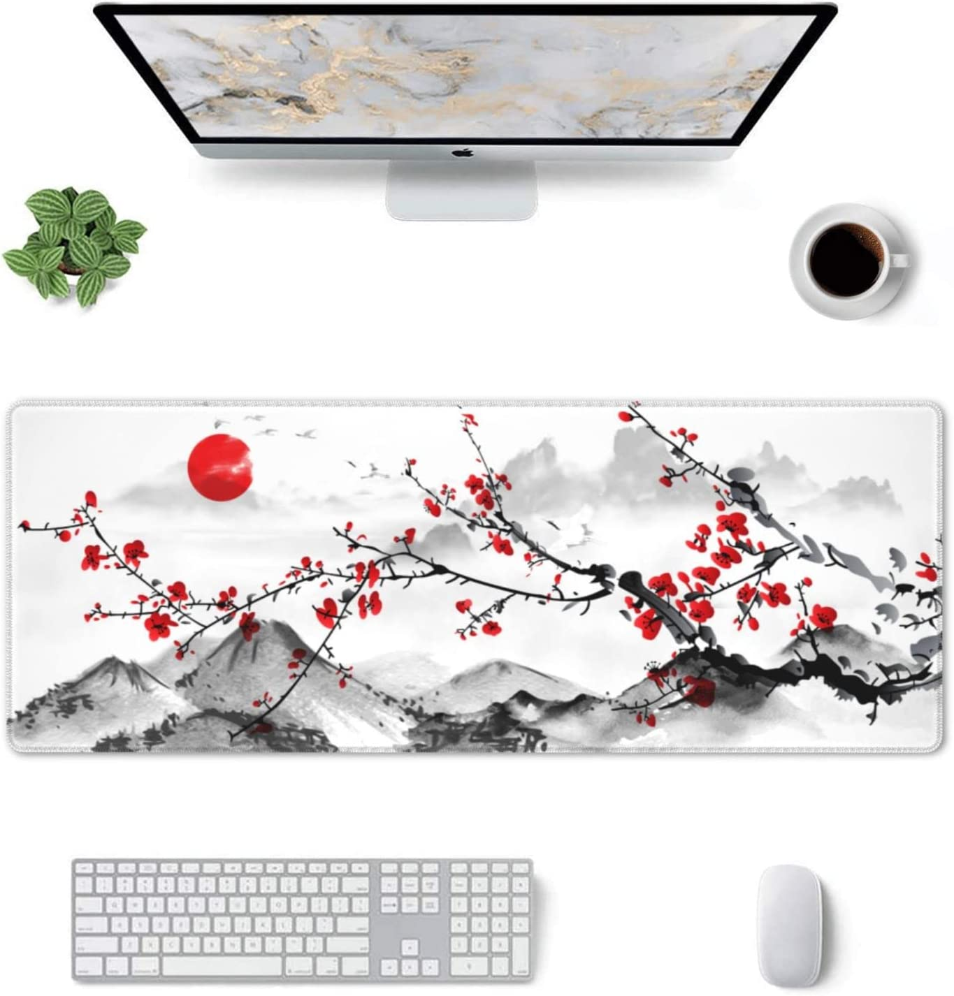 Watercolor Cherry Blossom Mouse Pad 31.5X11.8 Inch Pink Full Desk Japanese Sakura Mousepad Extended Large Non-Slip Rubber Base Waterproof Big Keyboard Mat with Stitched Edges for Gaming and Office - American Antique Flag image number 2