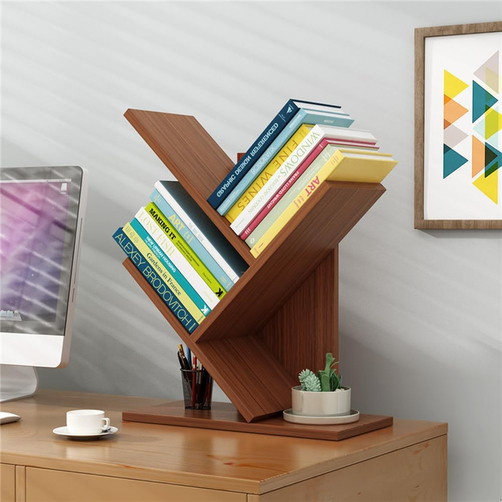Hbluefat Book Tree Bookshelf, 3-Tier Wood Tree Small Bookcase for Desk Displaying Books, Cds, Magazines and More at Office, Home and School (Black Walnut)