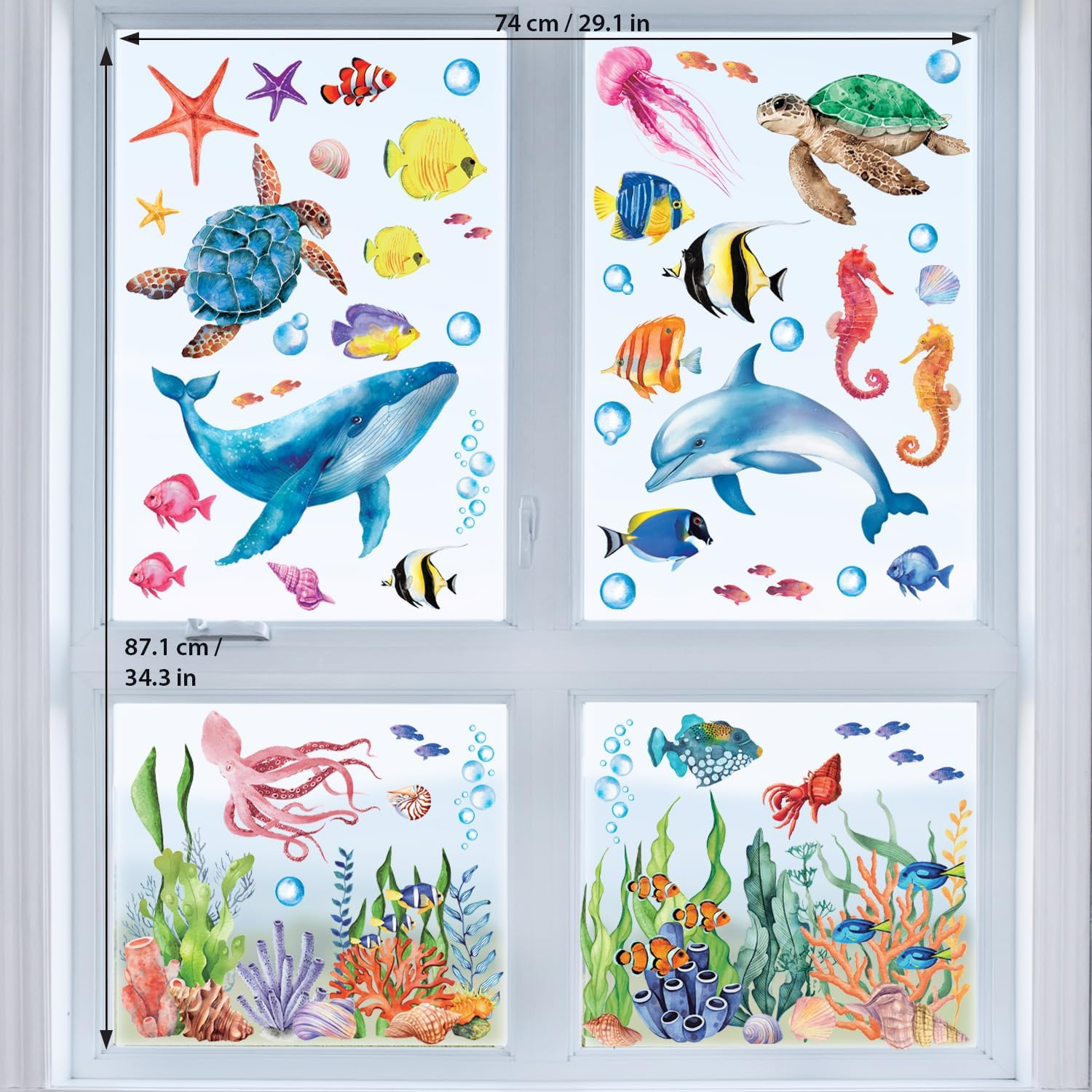 DECOWALL CDS9-9004 under the Sea Window Cling Stickers Ocean Fish Turtle Jellyfish Reuseble Waterproof for Kids School Playroom Nursery Bathroom Home Living Room D&eacute;cor - Double Sided Print