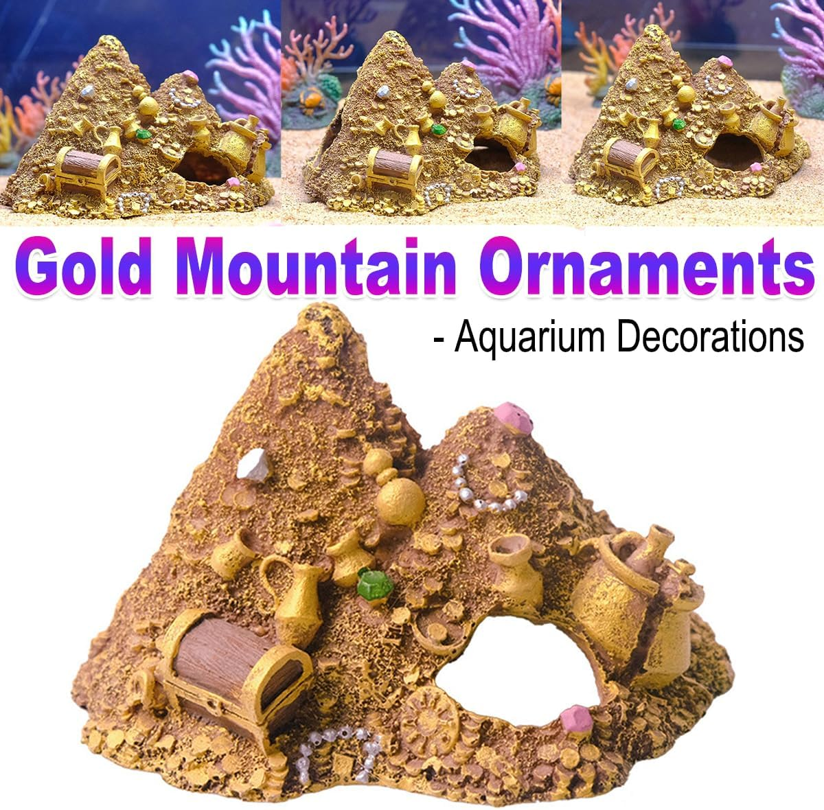 AIMALL Gold Mountain Aquarium Decor, Resin Fish Tank Cave with Vibrant Design, Hiding Spot for Fish & Shrimp, Safe & Non-Toxic Aquascape Ornament image number 5