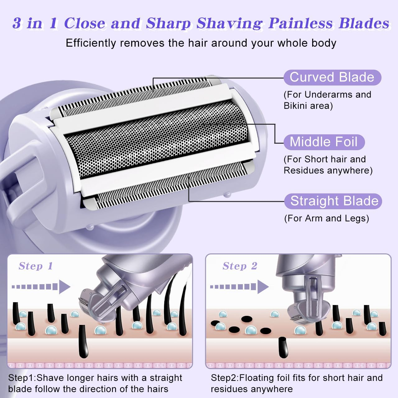 Hatteker Women'S Electric Shaver Bikini Trimmer Hair Trimmer for Women Electric Razor for Legs Bikini Underarm Pubic Hairs IPX7 Waterproof USB Rechargeable with LED Light (Purple)