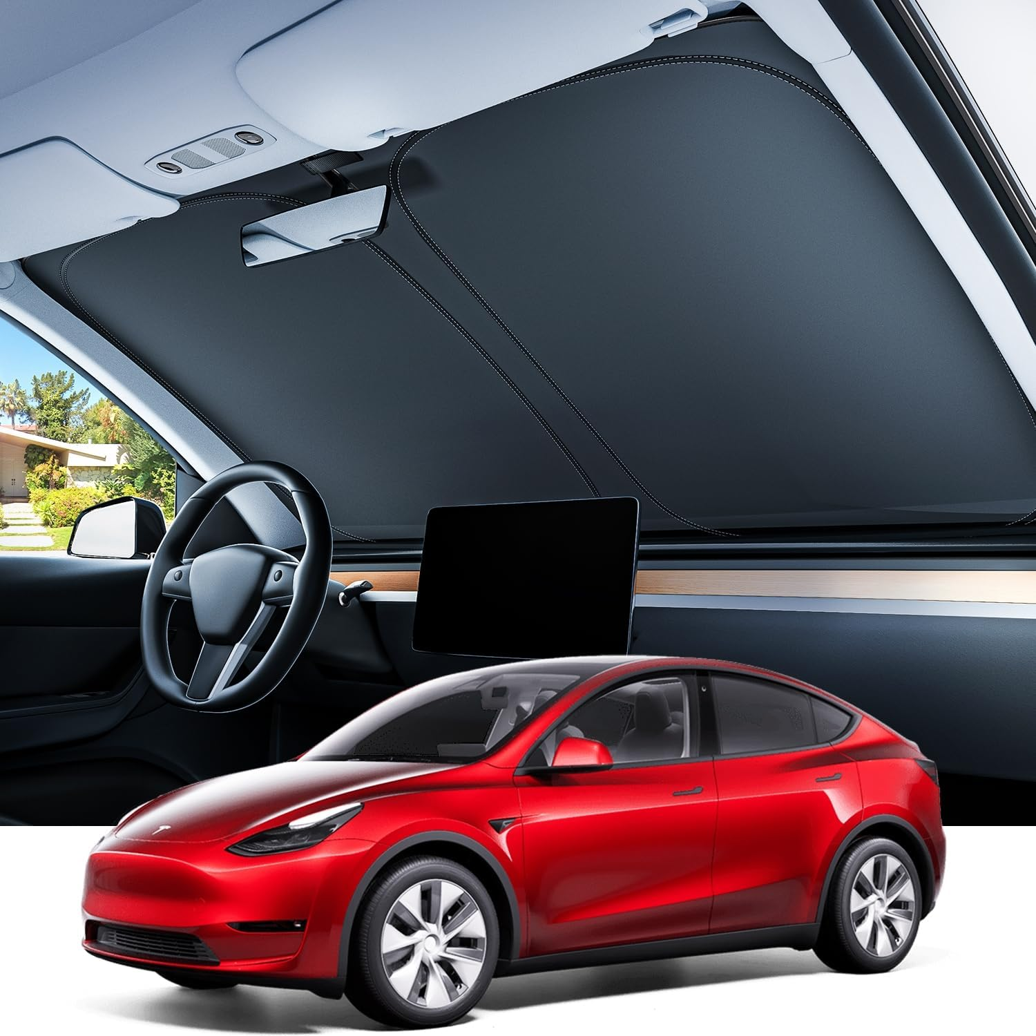 REEVAA 2025 Upgraded Tesla New Model Y (Juniper) Sunshade Windshield [Tailored Fit, 99% Sun Protection] Foldable Sun Shade Accessories with Storage Bag for Model Y 2016-2026, Silver Coating