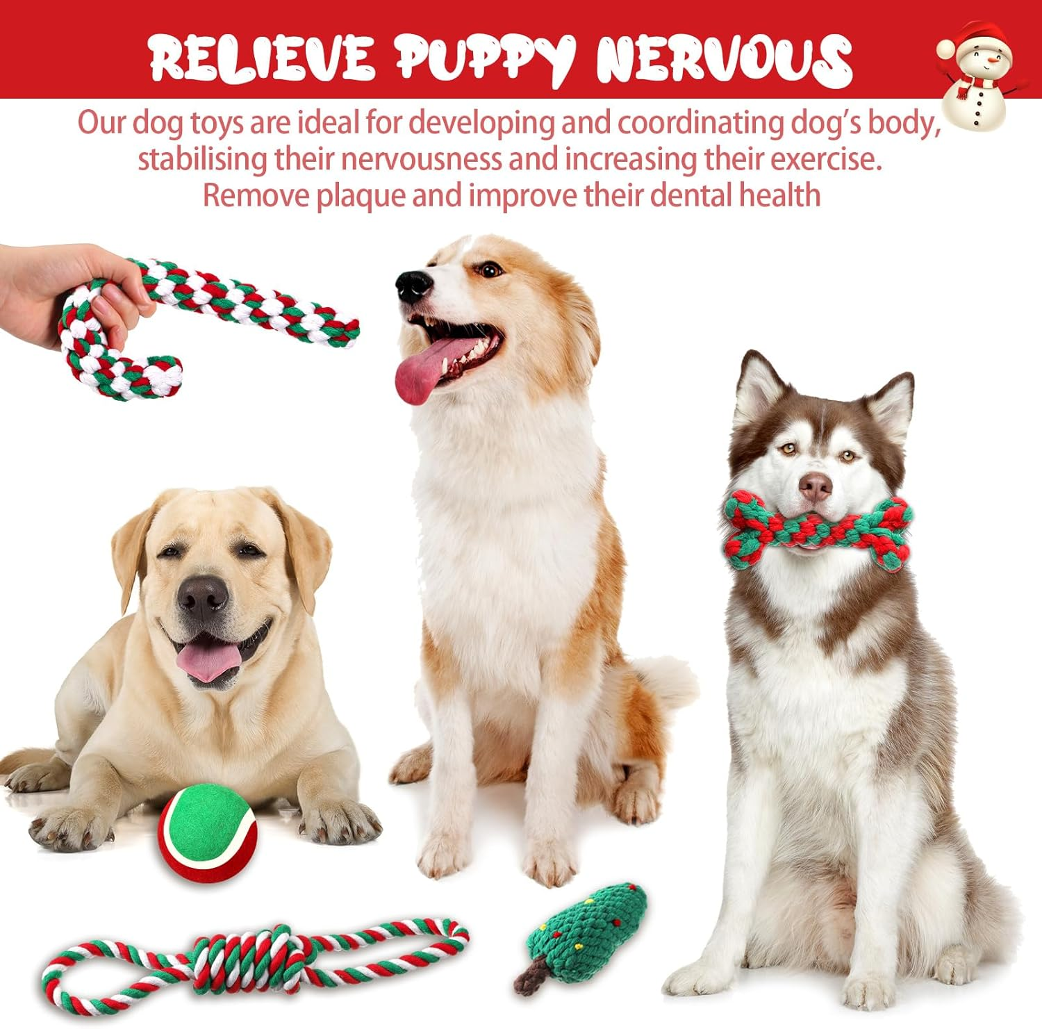 Xuniea 6 Pcs Christmas Dog Chew Toys Dog Rope Toys Pet Chew Training Toys Candy Cane Bone Tree Shape Knotted Ropes Assorted Styles for Small Medium Large Dog Puppy Pet Christmas Favors (Cute) image number 1