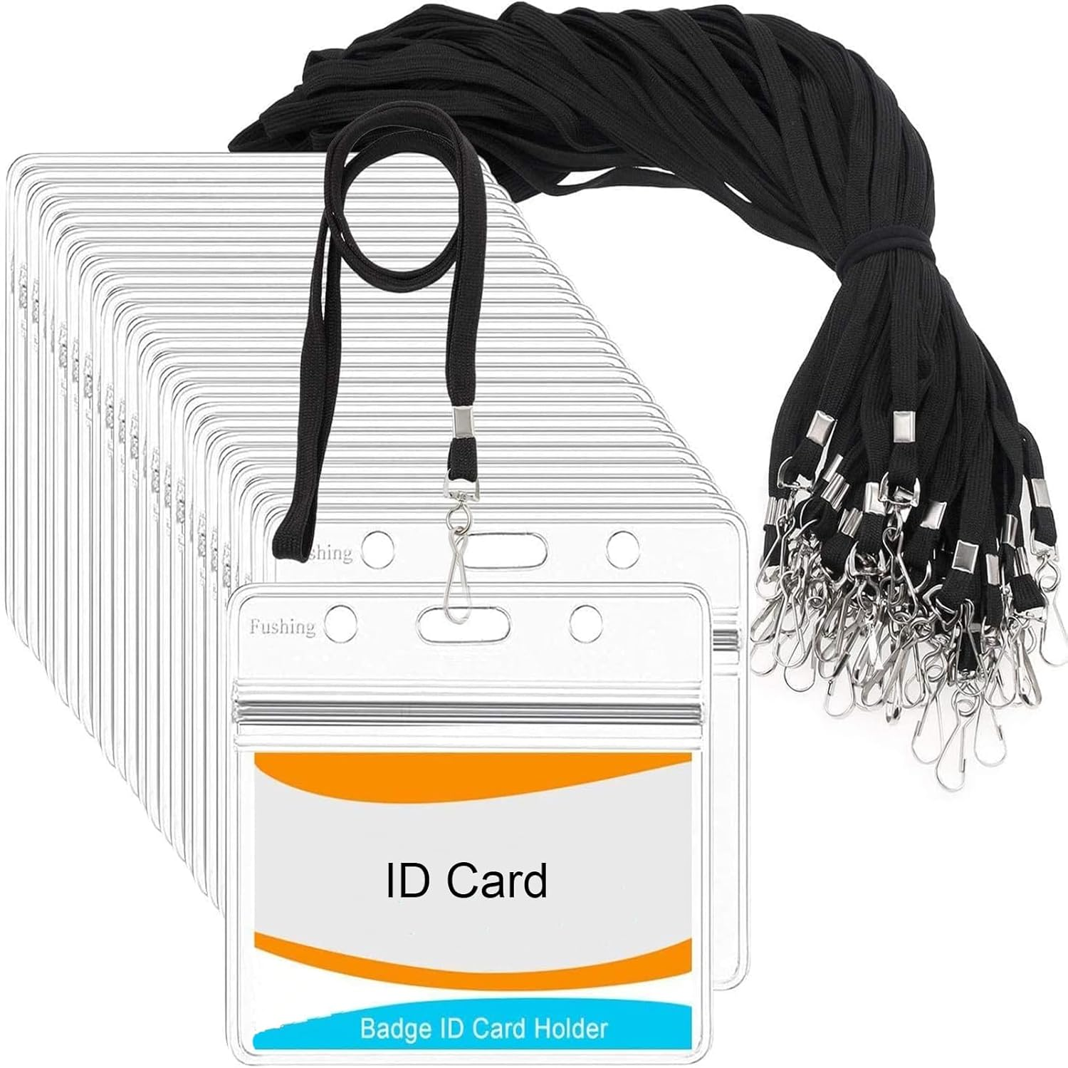 50Pcs Clear Name Tags with Neck Lanyard, Clear Plastic Horizontal Name Tags Badge ID Card Holders and Flat Neck Lanyards, Black Lanyard Kit with Swivel Hook for School, Festival, Event