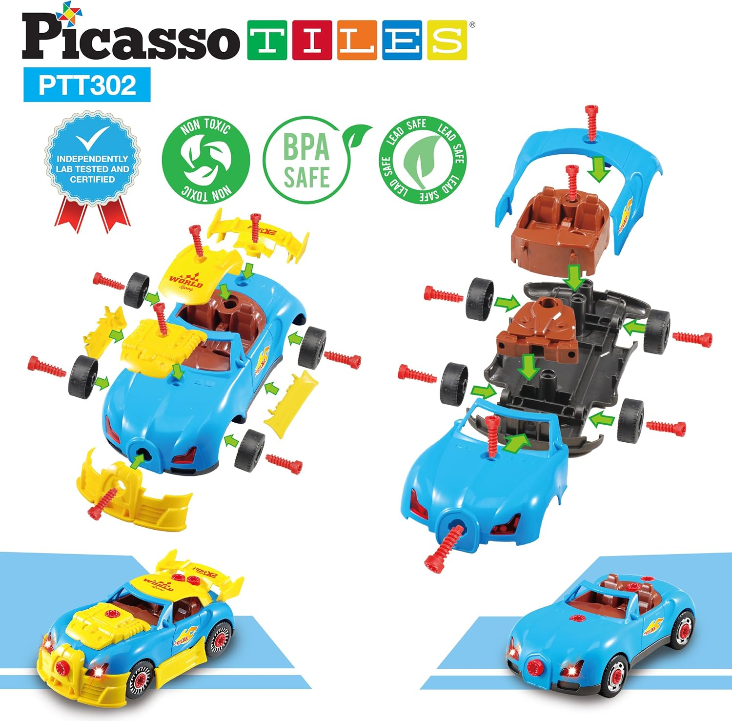 Picassotiles Take-A-Part Race Car Set with LED, Engine Sound, Mini Electric Power Tool Reversible Drill, Screws Included PTT302 2-In-1 DIY Construction Build Your Own 30Pc Racing Car S.T.E.A.M. Kit image number 6