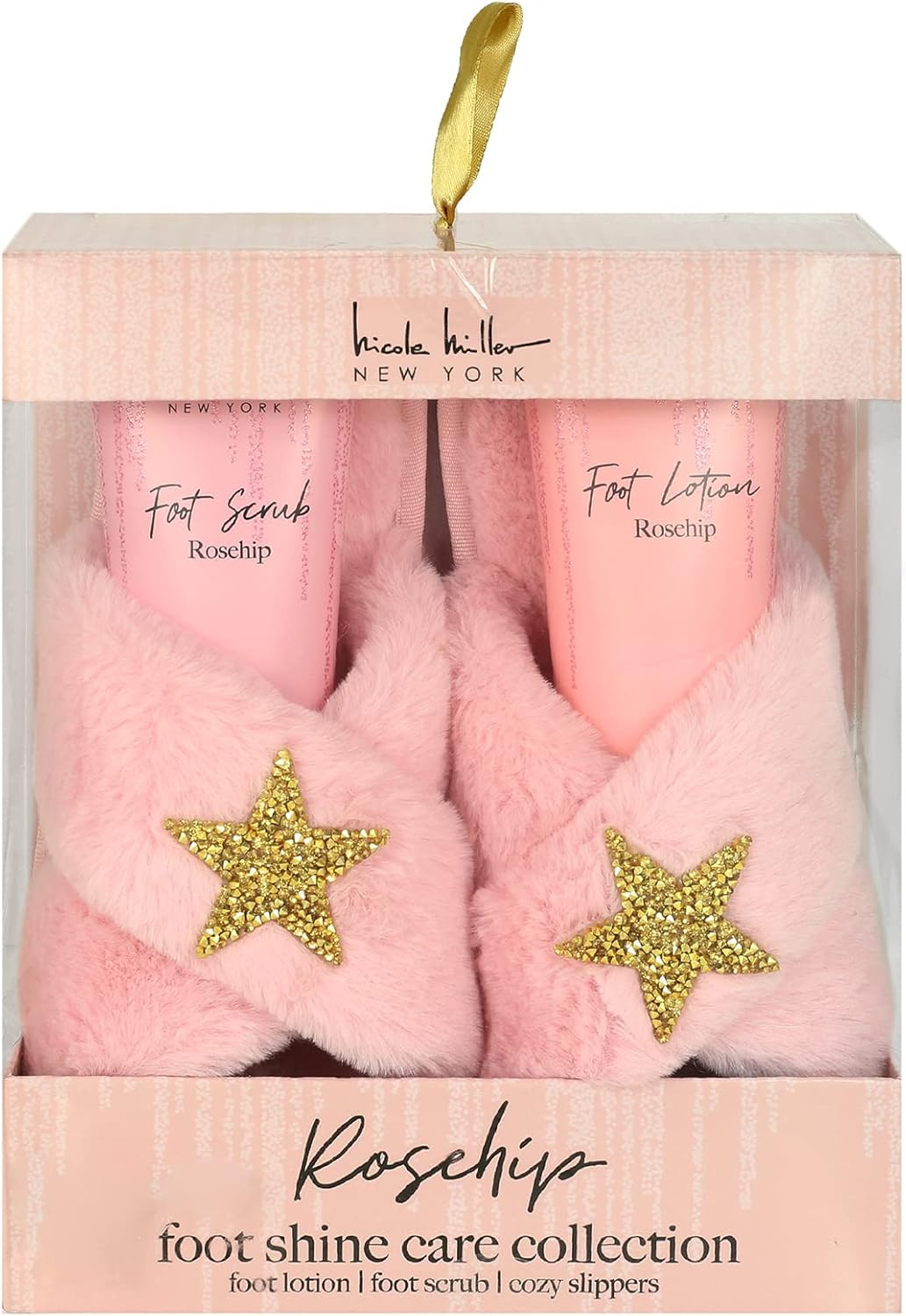 Nicole Miller Bath and Body Present Set Piece Foot Spa Set with Fuzzy Slippers, a Sponge, Foot Lotion, and Foot Scrub, Rosehip with Sparkle Star Slippers