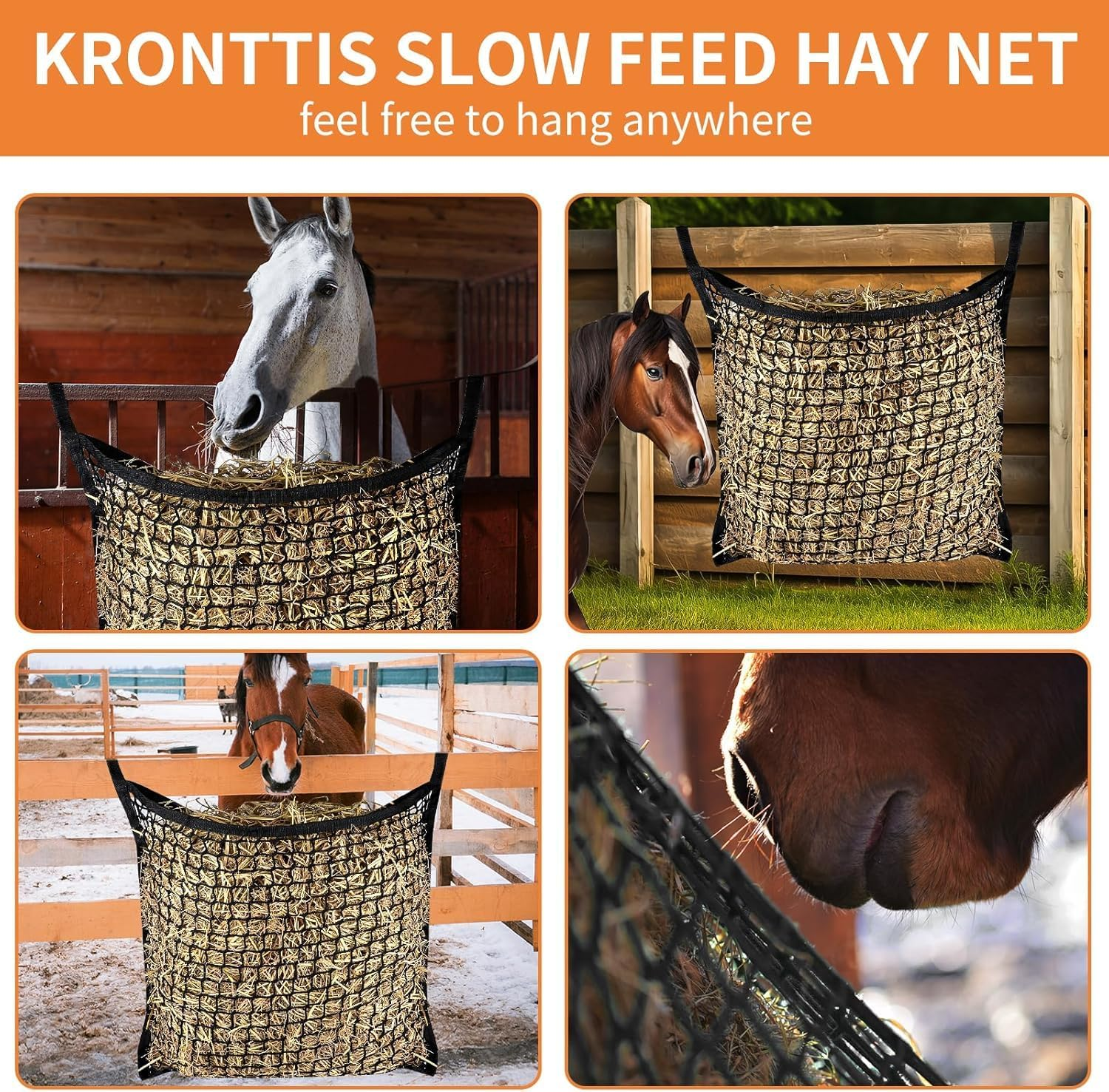 Hay Nets for Horses，2 Pieces of Knotless Slow Feeding Hay Nets with 4 Horse Hook Clips, Large Capacity Open Top Hanging Hay Bags for Horses(Black, 2PC) image number 5