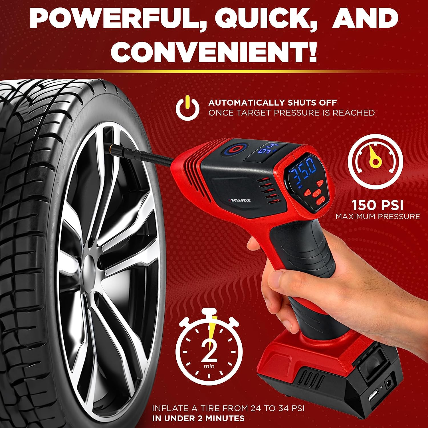Bullseye Pro Tire Inflator Portable Air Compressor, Car Tire Inflator Portable, Portable Air Pump for Car Tires - 150PSI, 12V DC 1500 Mahs with Tire Pressure Gauge, Rechargeable as Seen on TV (Red) image number 1