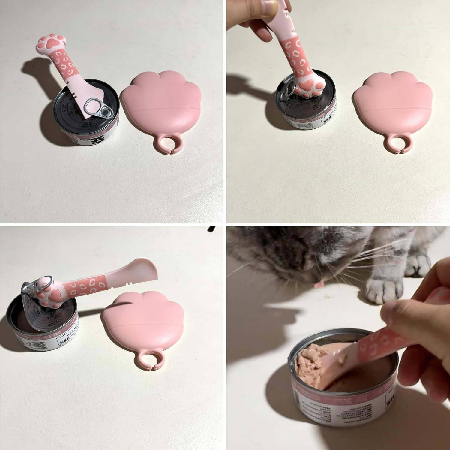 2 Pcs Pet Food Can Lids & One Can Spoon Cute Paw Shape Opener Spatula Cat Wet Food Spoon Silicone Can Covers Pet Food Can Spoon Pet Can Opener Pet Can Food Feeding Tool (Grey+White/Pink) image number 1