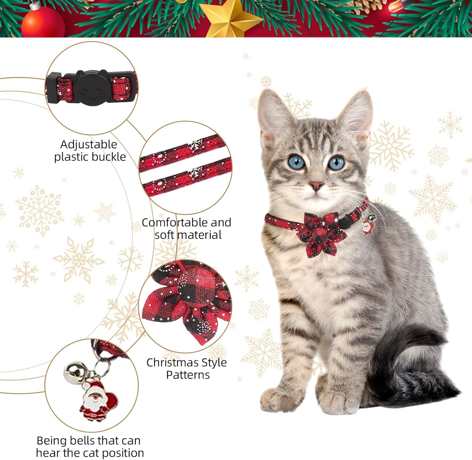 Christmas Cat Collar, Pack of 2 Adjustable Kitten Collar with Adorable Bells and Snowflakes Patterned Flower, Collar Cat Bow Tie, Christmas Pet Accessories for Kittens, Puppies image number 2