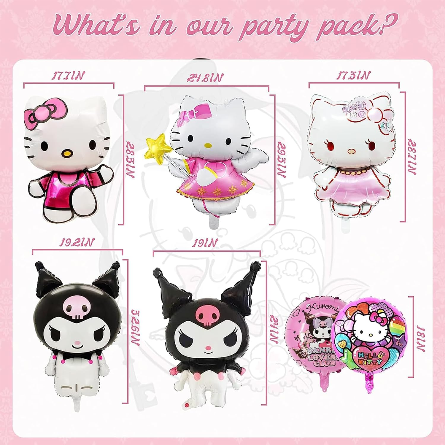 Niumowang Kuromi Hello Kitty Birthday Decoration Foil Balloon Set, 9 Pieces, Pink, Foil Balloon Set, Balloons, Balloon Set, Anime, Birthday, Christmas, Children, Kids image number 4