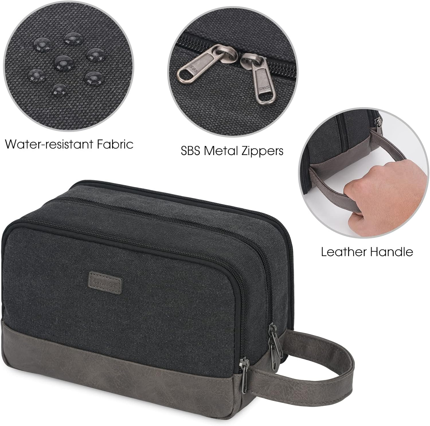 WANDF Travel Toiletry Bag for Men Hanging Dopp Kit Canvas Toiletry Organizer Water-Resistant Vegan Leather Shaving Bag for Toiletries Accessories (Black) image number 4