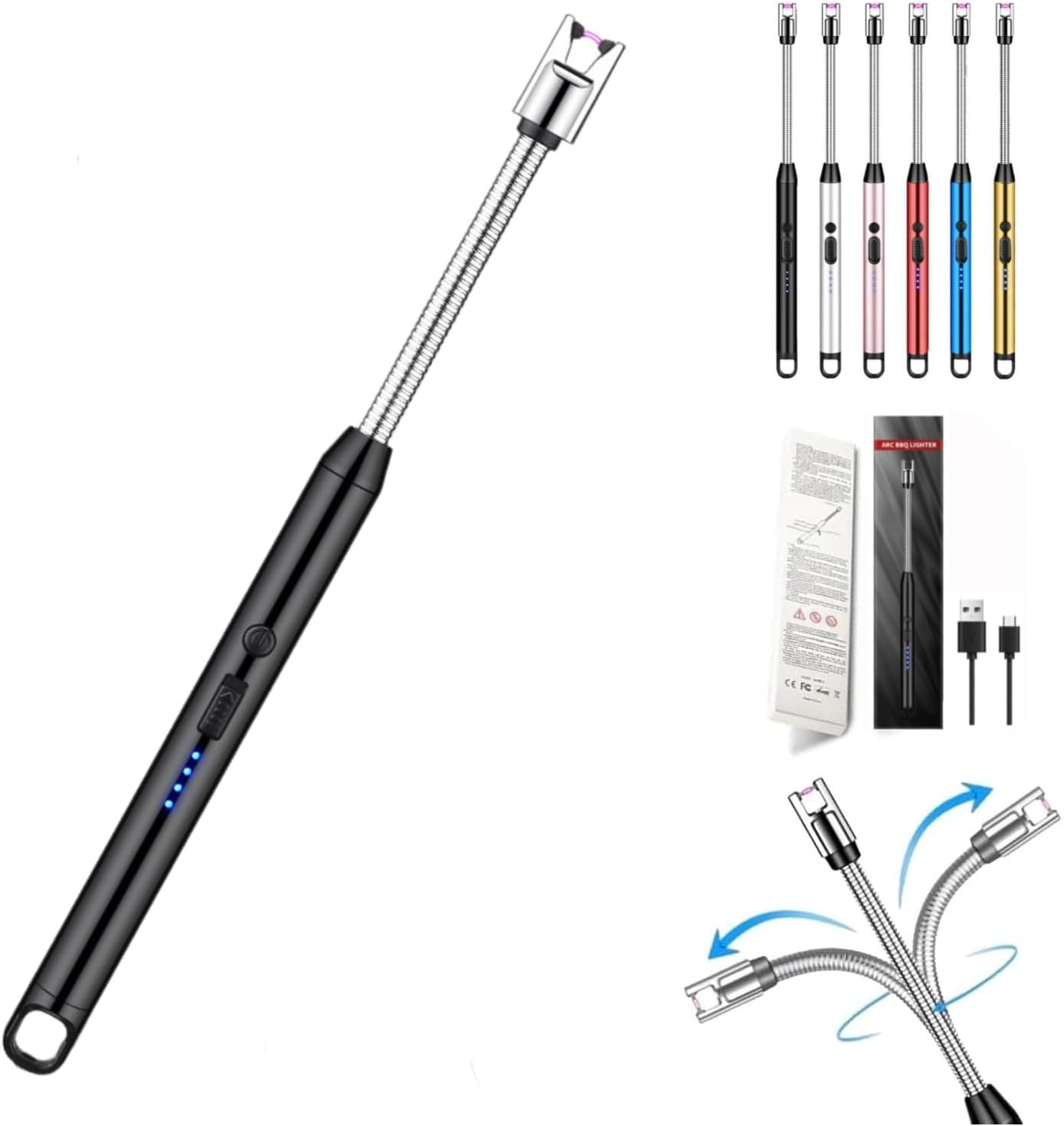 Electric Candle Lighter USB Rechargeable Long Neck Lighter Flex Flame Arc Windproof Plasma Suprus Flame for Grill Fireplace Long Matches Pack Bic Lighter for Candles Cool Lighters Clipper Black