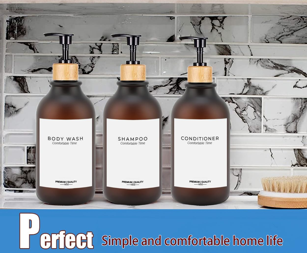 Frosted Heavy Duty Shampoo and Conditioner Bottles, Apothecary Dispenser Bamboo Pump, Refillable Shampoo Bottles for Shampoo Lotion Oil Shower Soap Hand Soap and Dish Soap (Matte Amber) image number 5