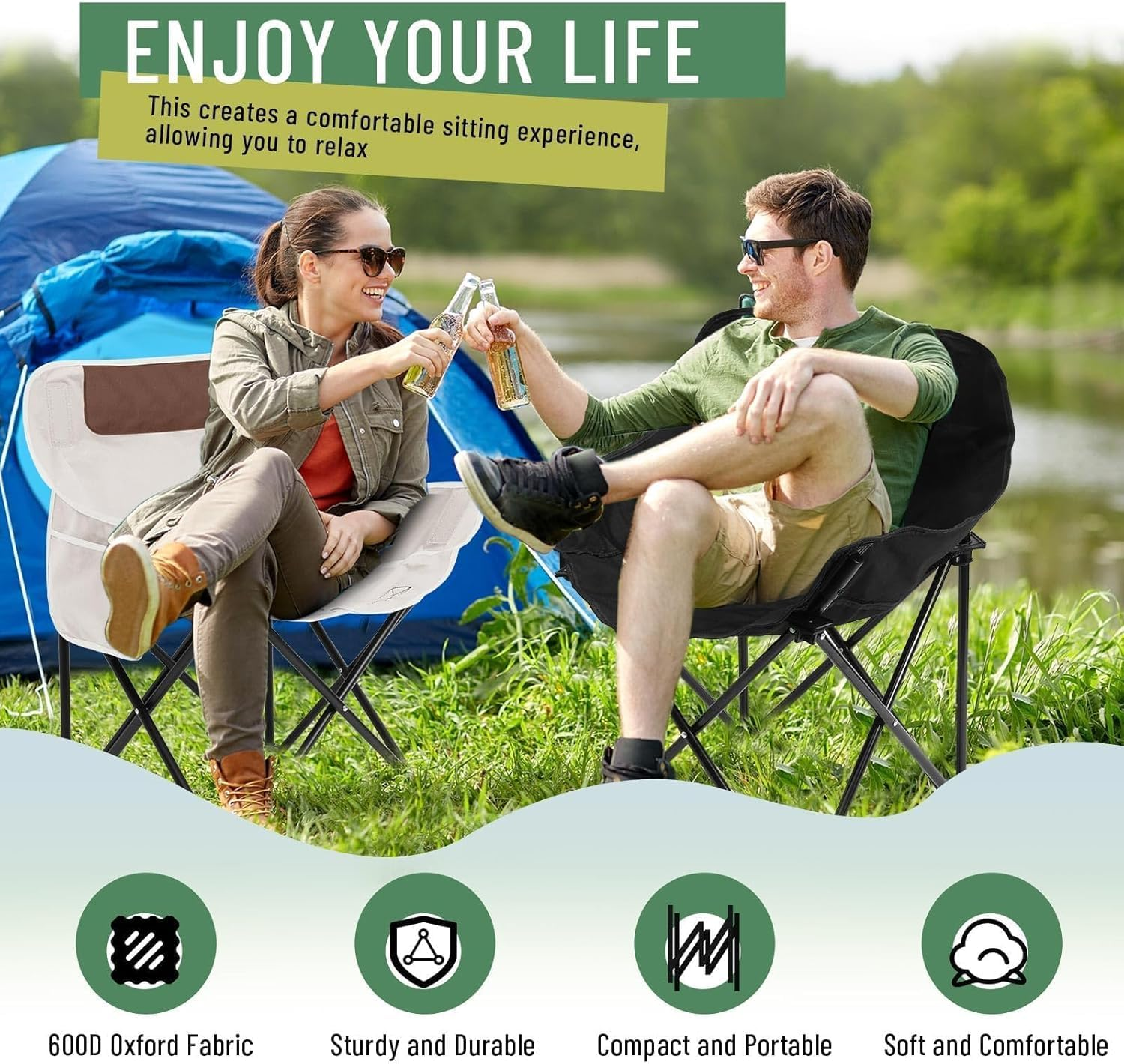 Camping Chair, Portable Folding Outdoor Chairs for Adult with Carry Bag and Side Pockets, Lightweight Folding Moon round Chair and Lawn Chairs for outside Fishing, Hiking, BBQ, Travel, Beach (Black) image number 1