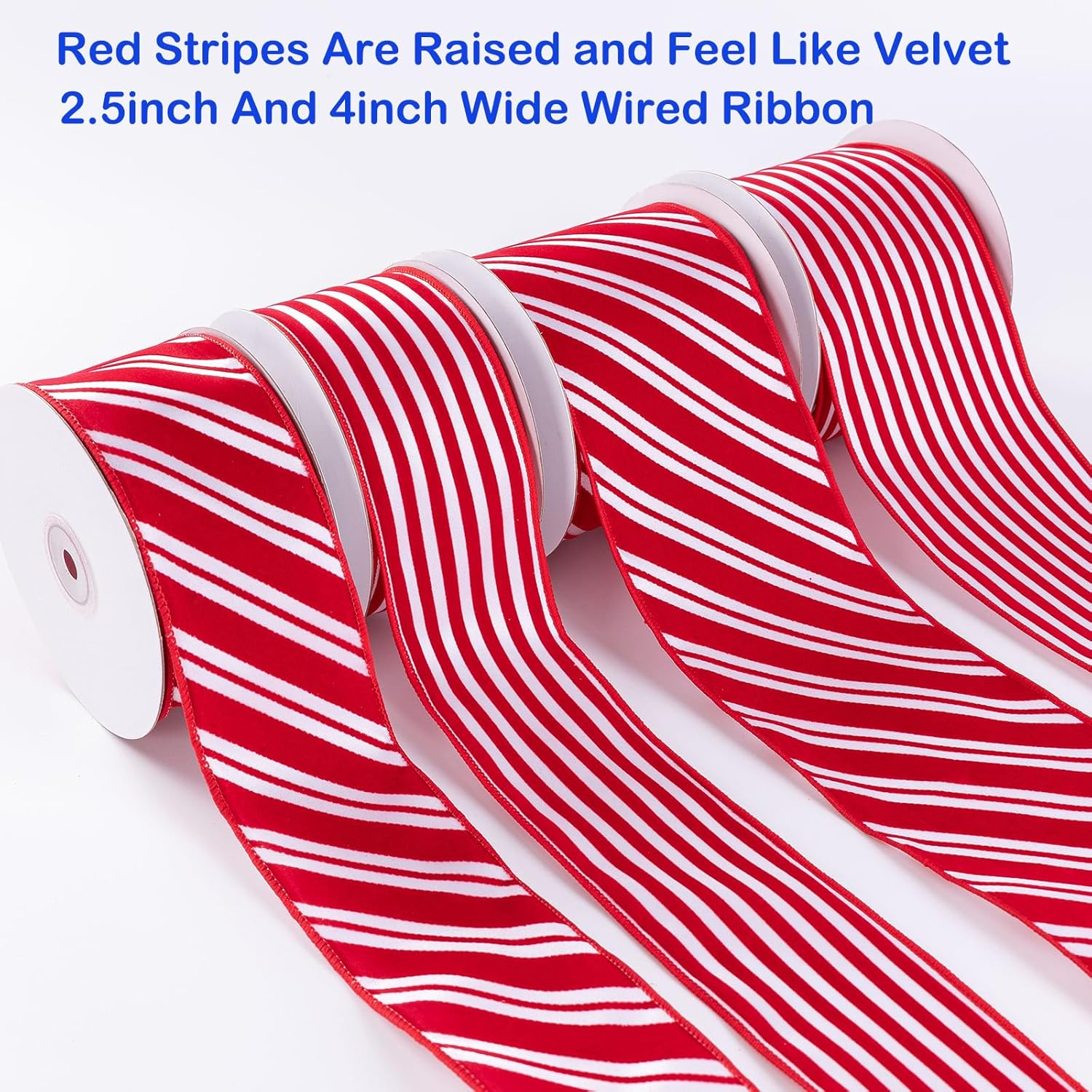 Red Velvet Striped 2.5Inch Wide*10Yards Red Velvet Striped Wired Ribbon and White Satin for Christmas Tree,Holiday,Garland,Gifts,Wrapping,Wreaths,Bows(2.5" Stripe) image number 2