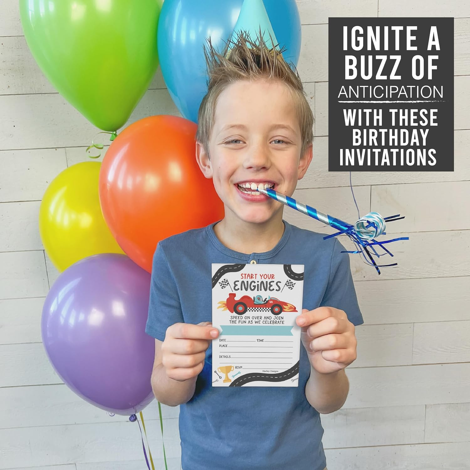 Hadley Designs Kids Birthday Invitations for Boys Race Car Theme - 15 Racing Truck Birthday Party Invitations for Boys with Envelopes, Speed on over Invites for Boy, Cute Party Supplies, Made in USA image number 3