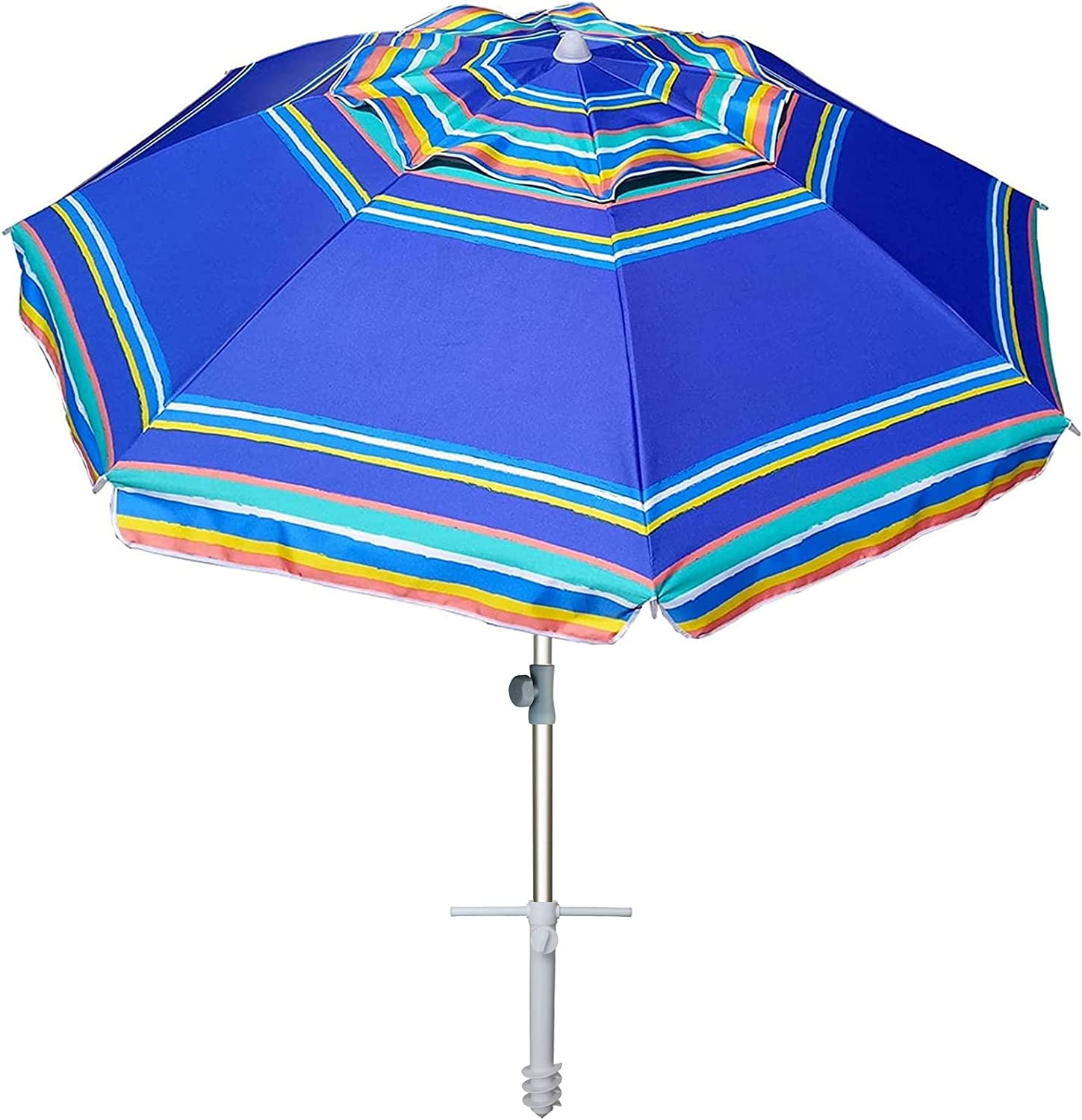AMMSUN 2.1M Heavy Duty HIGH Wind Beach Umbrella with Sand Anchor Vent Tilt Portable Sun Shelter, UV 50+ Sun Protection Outdoor Sunshade Umbrellas Carry Bag for Patio Garden Pool Backyard Blue