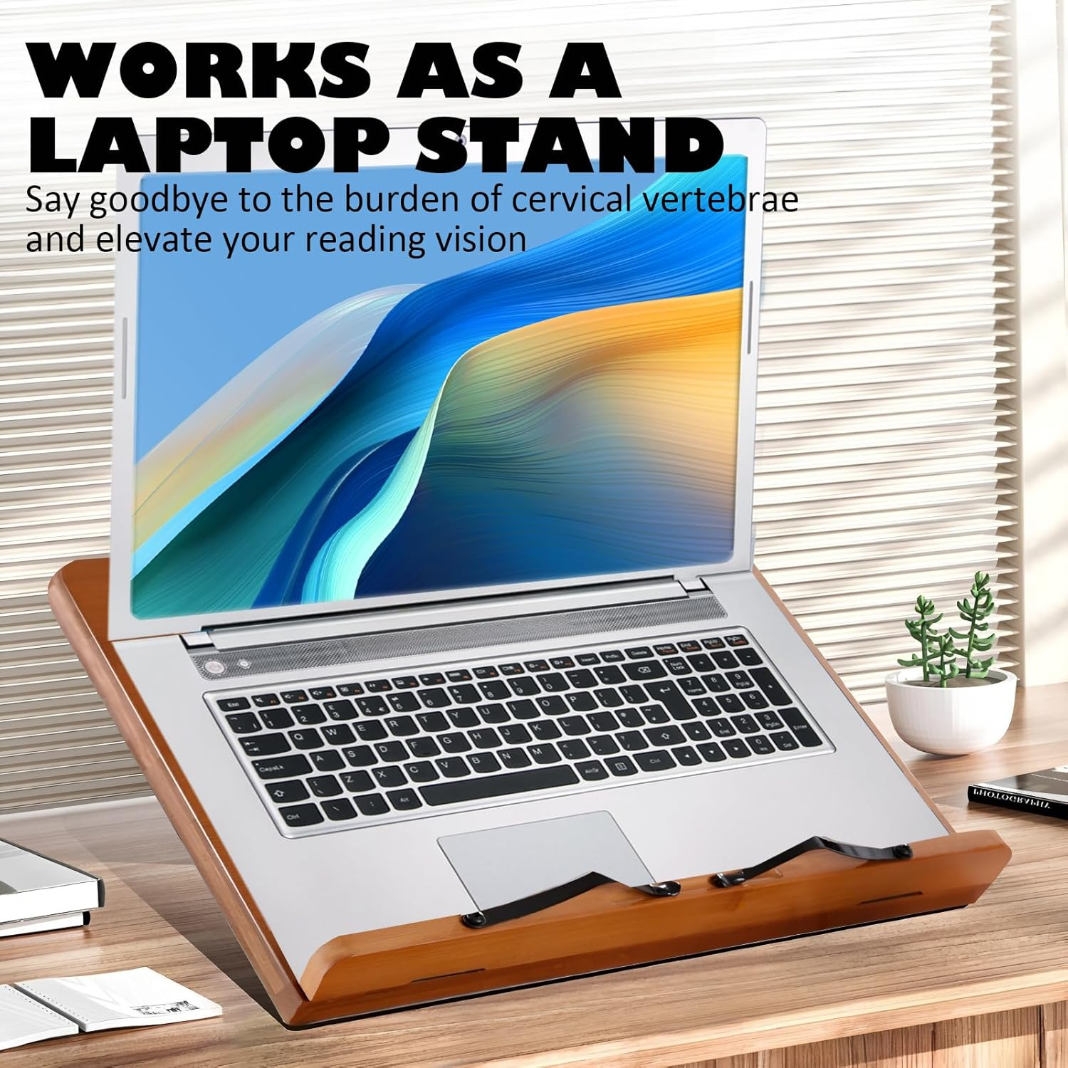 Book Stand for Reading Bamboo Cookbook Stand for Kitchen Adjustable Foldable Book Holder with Page Holder Clips Height Adjustable for Tablet Textbook Laptops Music Books Documents (Medium Brown)