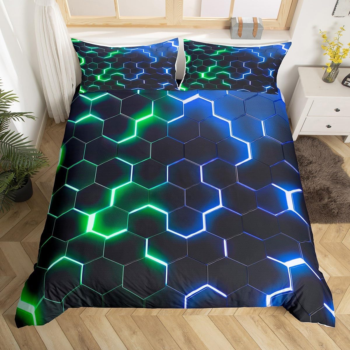 Feelingyou Honeycomb Duvet Cover S Size, Hexagon Pink Purple Neon Lights Comforter Cover Set for Boys Girls, 3D Bedding Quilt Cover Set Bedroom, 2 Pieces