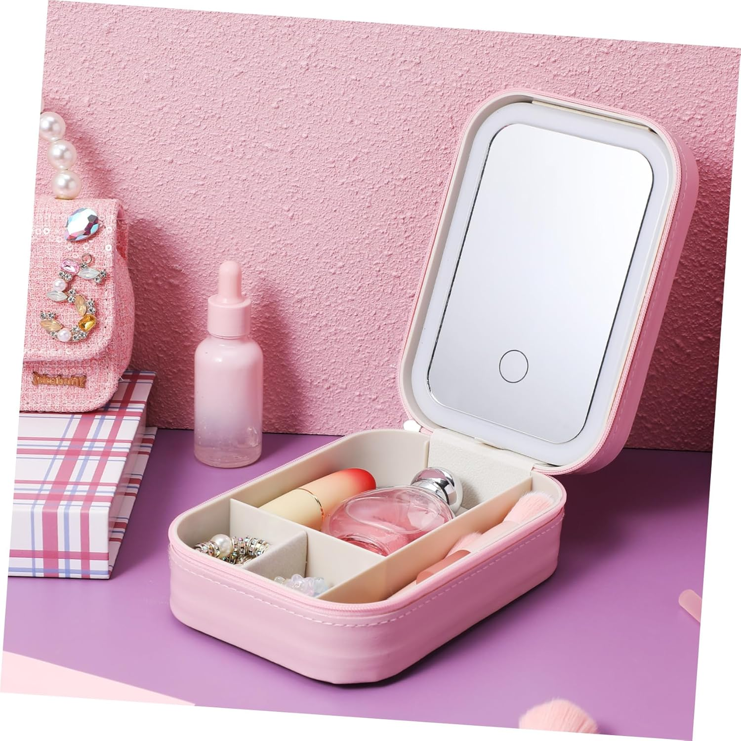 BATHVEVE Lighted Makeup Mirror Cosmetic Organizer Bag with Adjustable Brightness, Small Travel Vanity Case with Led Mirror for Women image number 6