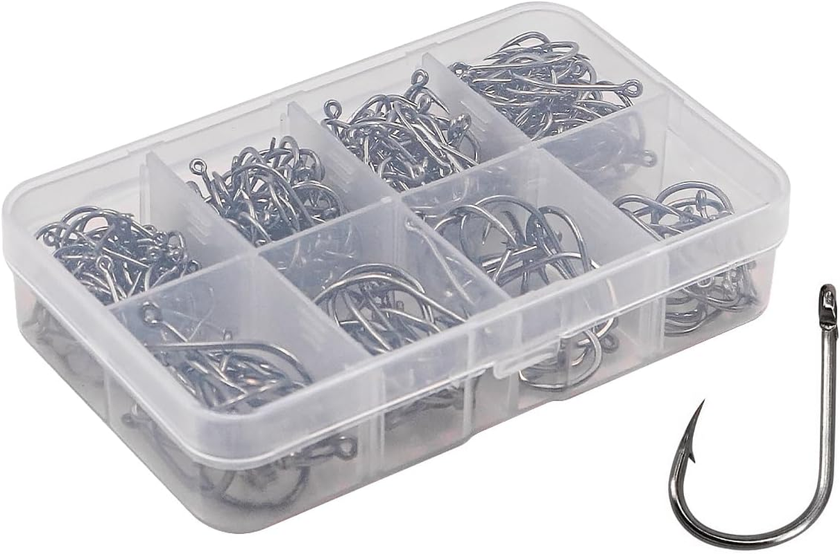 300PCS NUZAMAS Fishing Hook 9#-16# Barbed Hooks Pike Fishing Tackle Carp Circle Hooks with Storage Plastic Box Carbon Steel Eyed Sea Fish Hooks for Freshwater Saltwater