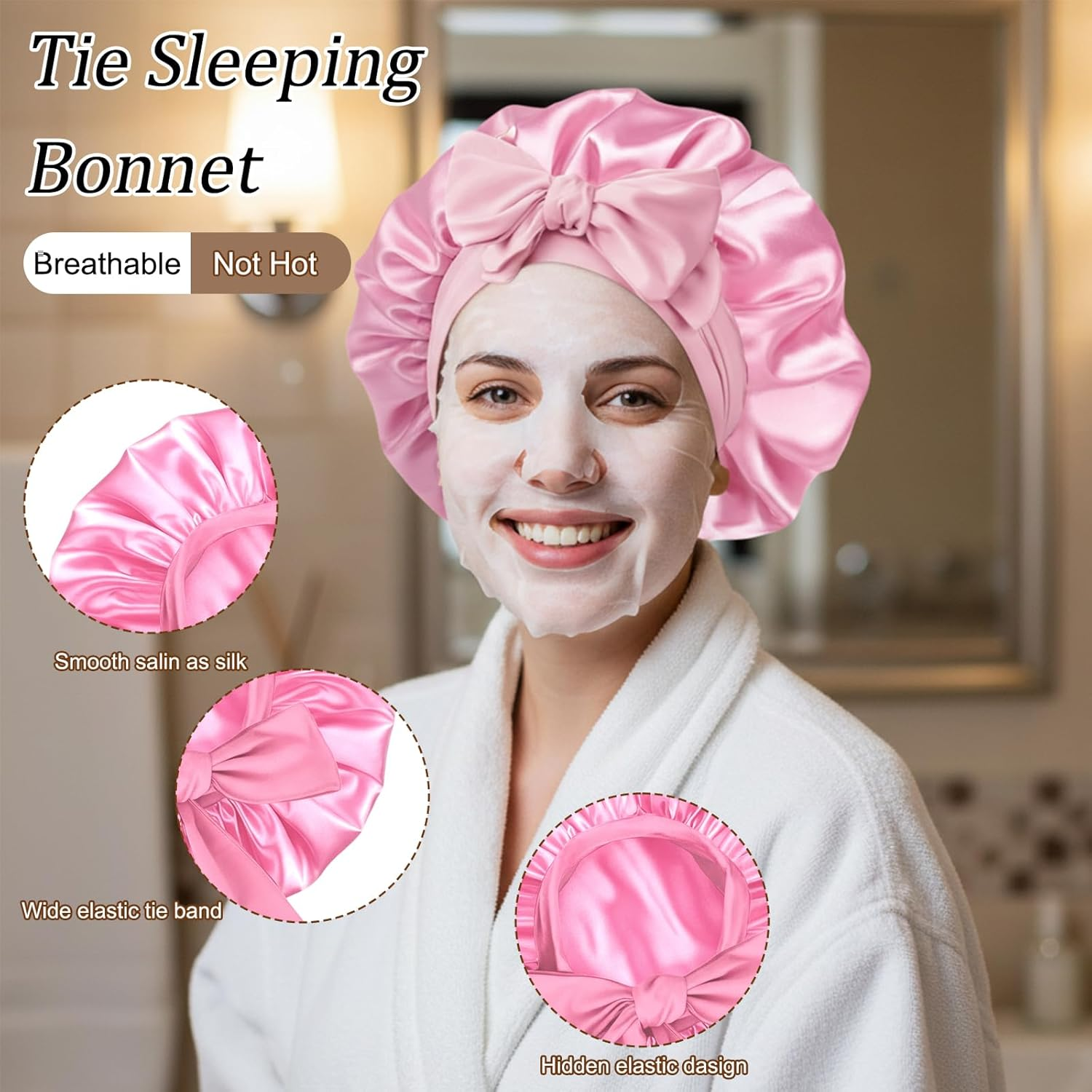 Silk Bonnet for Sleeping, 42Cm Large Size with Cross Design, Includes Pink Hair Tie, Ideal for Gym, Travel and Daily Use image number 2