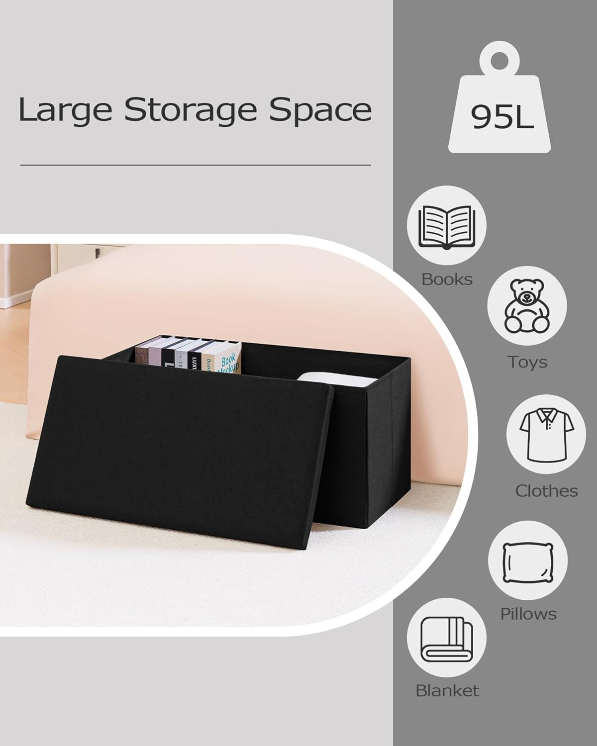 PINPLUS Folding Storage Bench, 30 Inches Ottoman Coffee Table Cube Chair Foot Rest Stool Storage Toy Chest for Living Room Bedroom, Holds up to 550 Lb (Black) - Gray image number 4