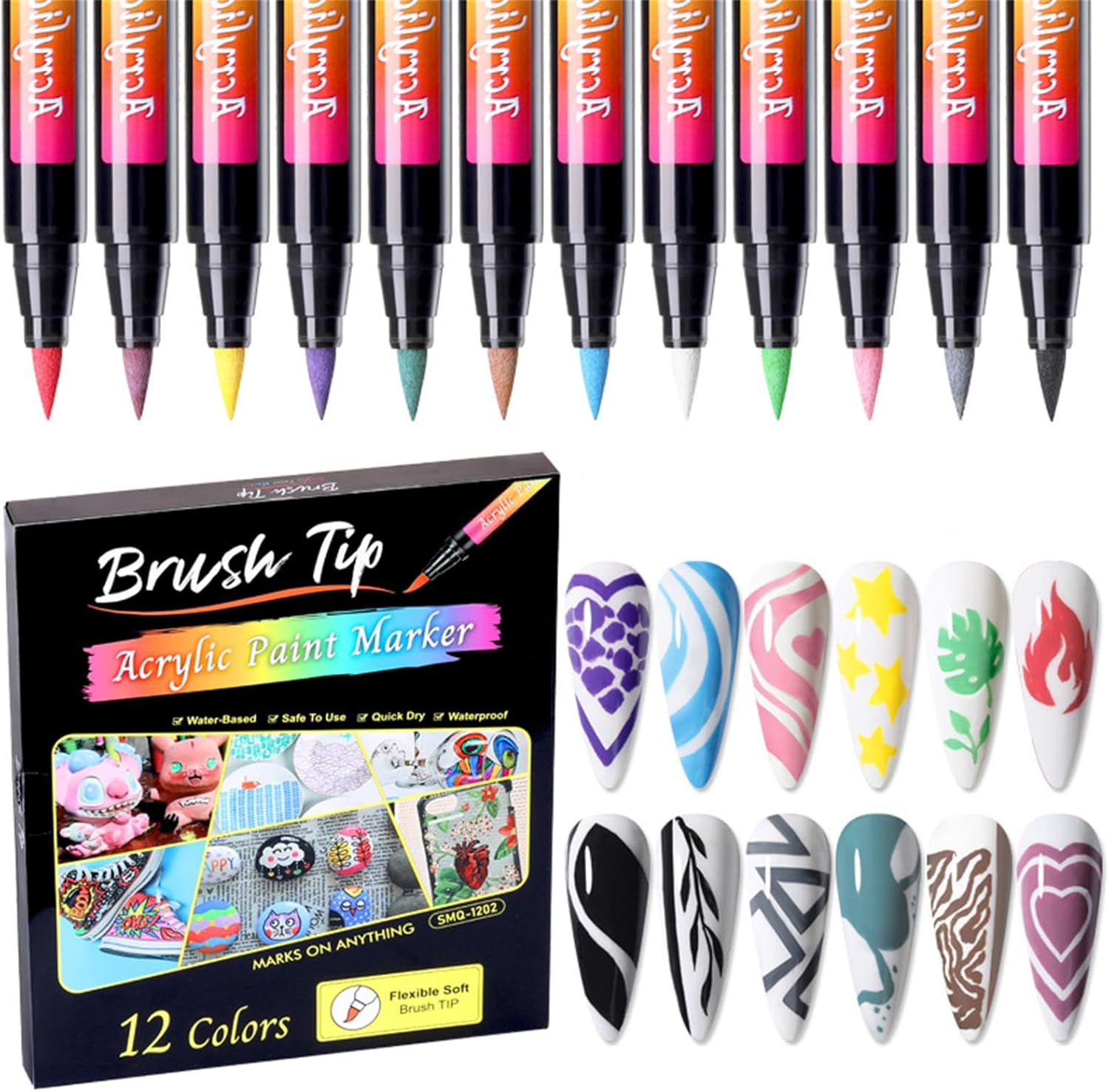 Roseflower 12 Color 3D Nail Art Pens Set, Acrylic Paint Pens,Nail Art Painting Pen Nail Art Graffiti Pen Quick-Drying Waterproof Nail Point Graffiti Dotting Pen for Nail DIY Dot Line Flower Pattern#2 image number 5