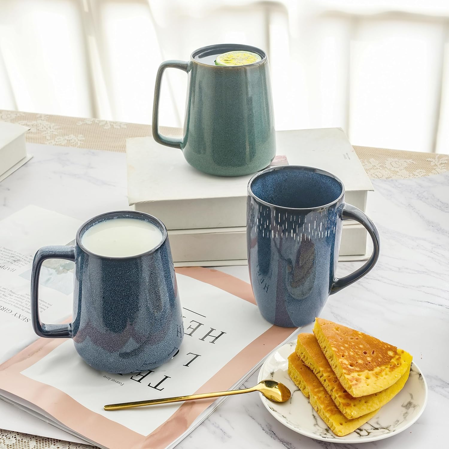 Large Ceramics Coffee Mugs,24 Oz,With Spoon and Wooden Lid,For Coffee,Tea,Cocoa,Large Handle Design,Microwave and Dishwasher Safe (24 Oz Green Set) - 24 Oz Blue Set image number 3