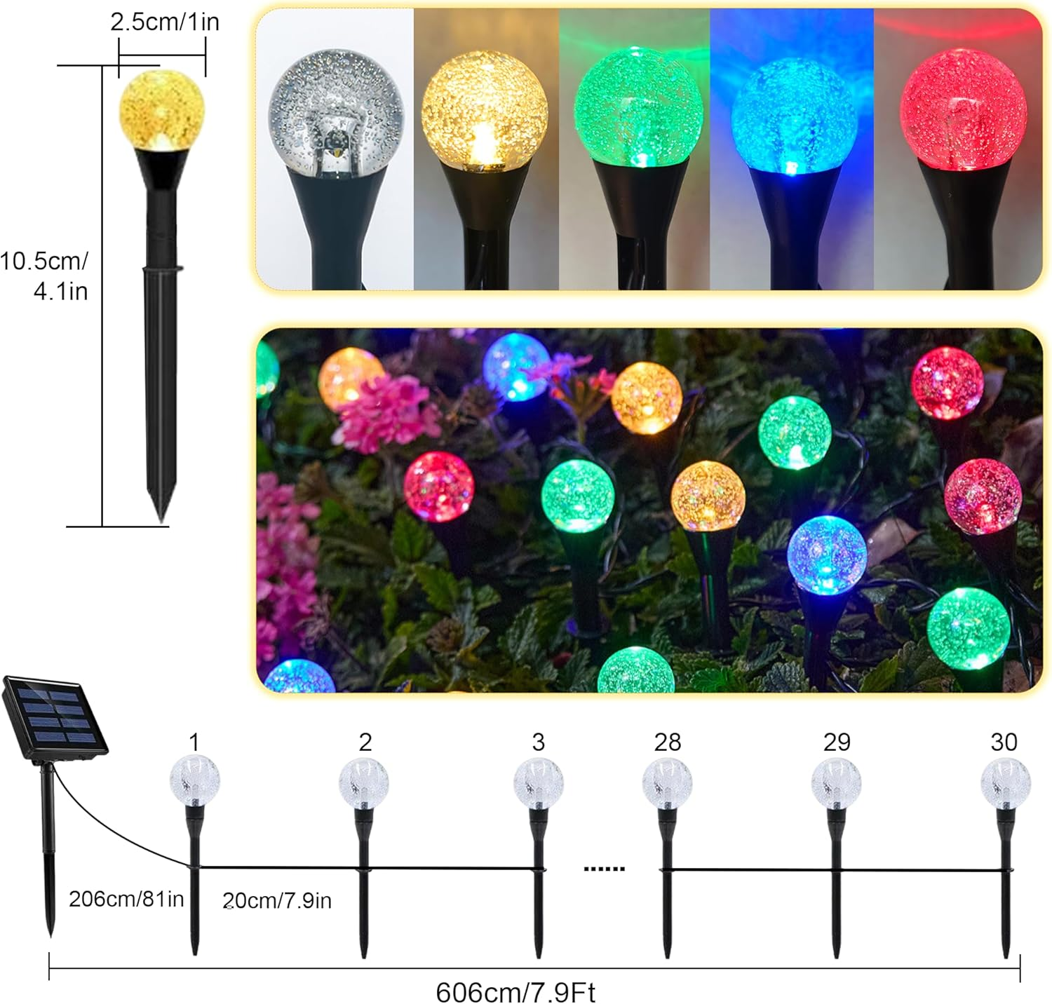 Solar Garden Lights Outdoor, 30LED 7.9Ft Bubble Beads Shaped Solar Lights Outdoor with 8 Lighting Modes, Fairy Light Waterproof Patio Light for Garden Yard Porch Wedding Party Decoration(Colorful)
