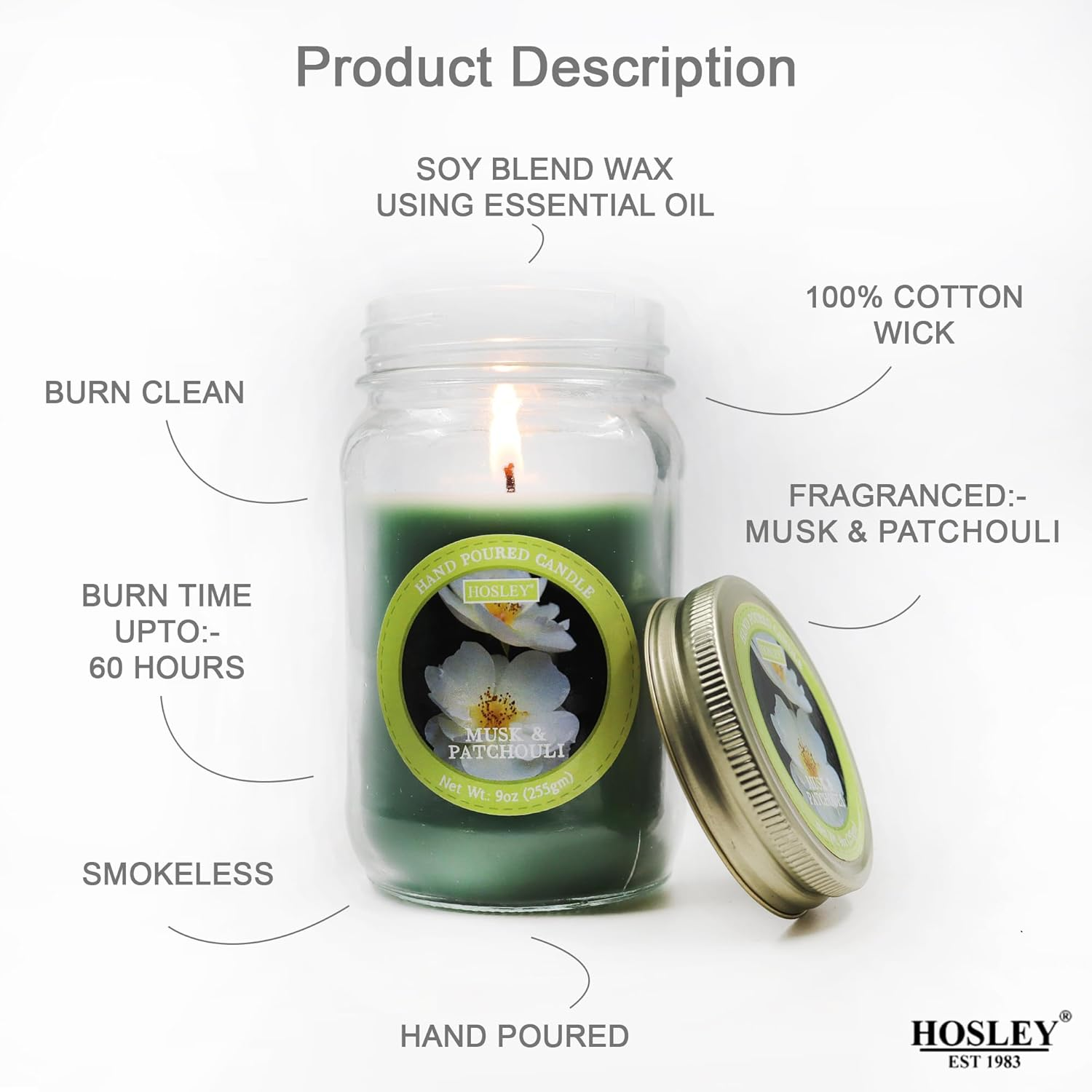Hosley&reg; 9Oz Musk & Patchouli Scented Classic Clear Fragrance Jar Candle Large Jar Single Wick Candle, over 55 Hours of Burn Time (Pack of 2) image number 3