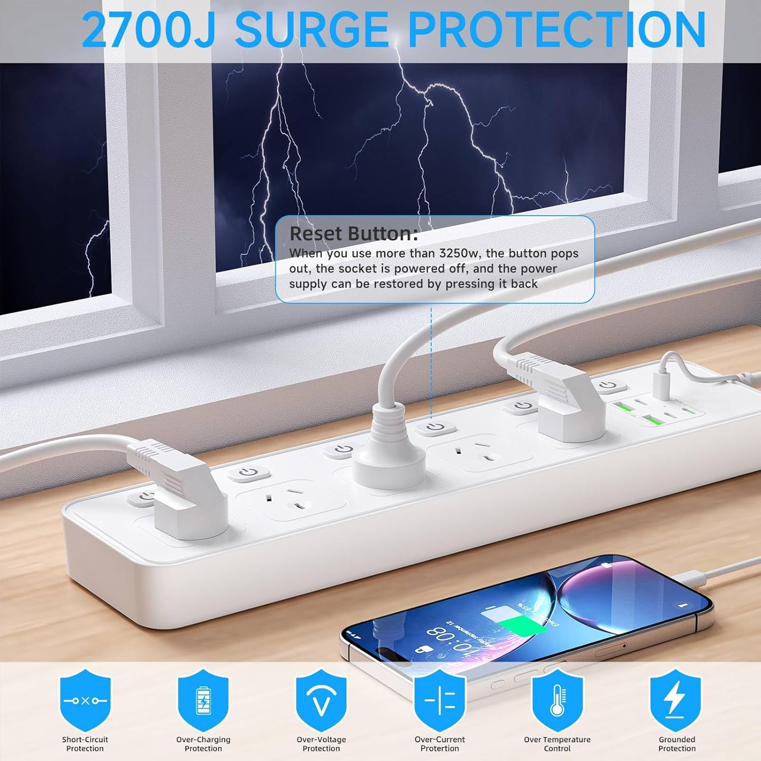 Power Board Individual Switch,11-In-1 Power Strip with 5 AC Outlets, Surge Protector Powerboard with 6 USB Ports(4 USB C Outlets), 1.8M Extension Cord Power Strip,Wall Mount for Home Office- White