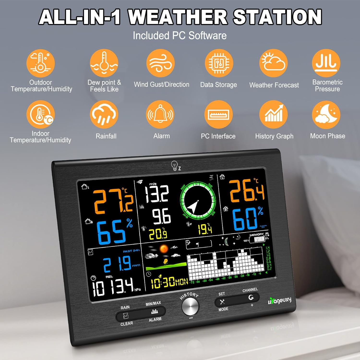 Urageuxy Weather Station Wireless Indoor Outdoor, Weather Station with PC Software, Rain Gauge, Wind Speed, Weather Forecast, Temperature, Humidity, Air Pressure, Moon Phase and Alarm image number 3