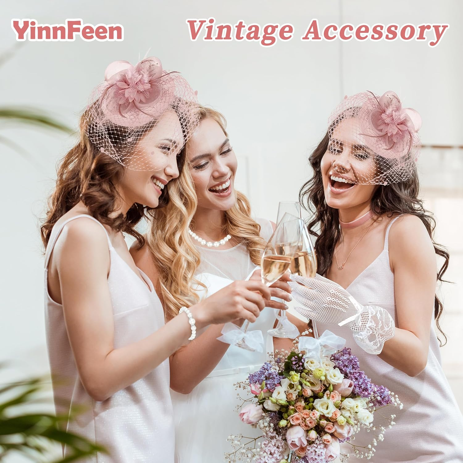 Yinnfeen 6 Pcs Tea Party Fascinators Hat for Women, Mesh Veil Headband with Pearl Necklace Earring Bracelet Lace Glove Brooch image number 3