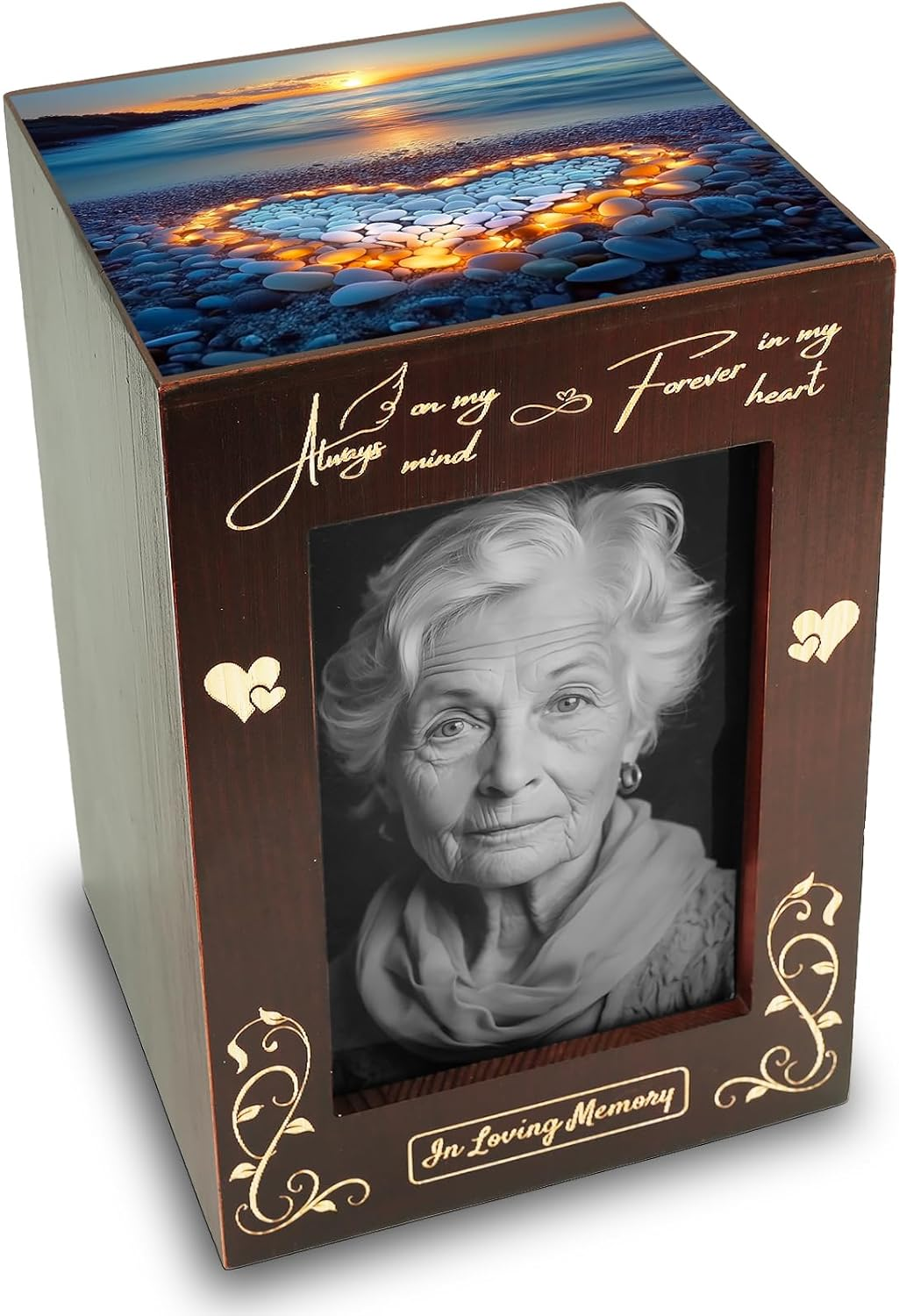 Wooden Cremation Urns with Photo Frame for Human Ashes Adult Female Male, Wood Urns Box and Casket, Funeral Decorative Urn with Picture for Adults up to 200 Lbs (Large, Cardinal)