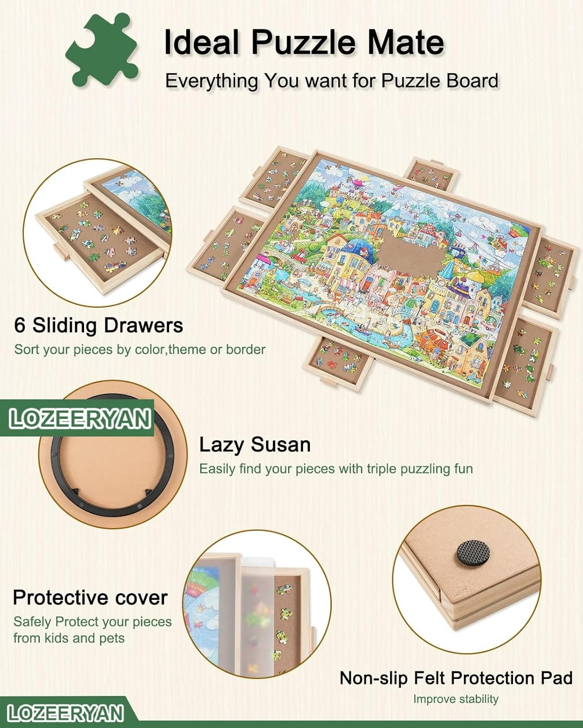 1500 Piece Rotating Puzzle Board with Drawers and Cover, 25"X34"Portable Wooden Jigsaw Puzzle Table for Adults Portable, Spinning Puzzle Boards Birthday Mom. image number 1