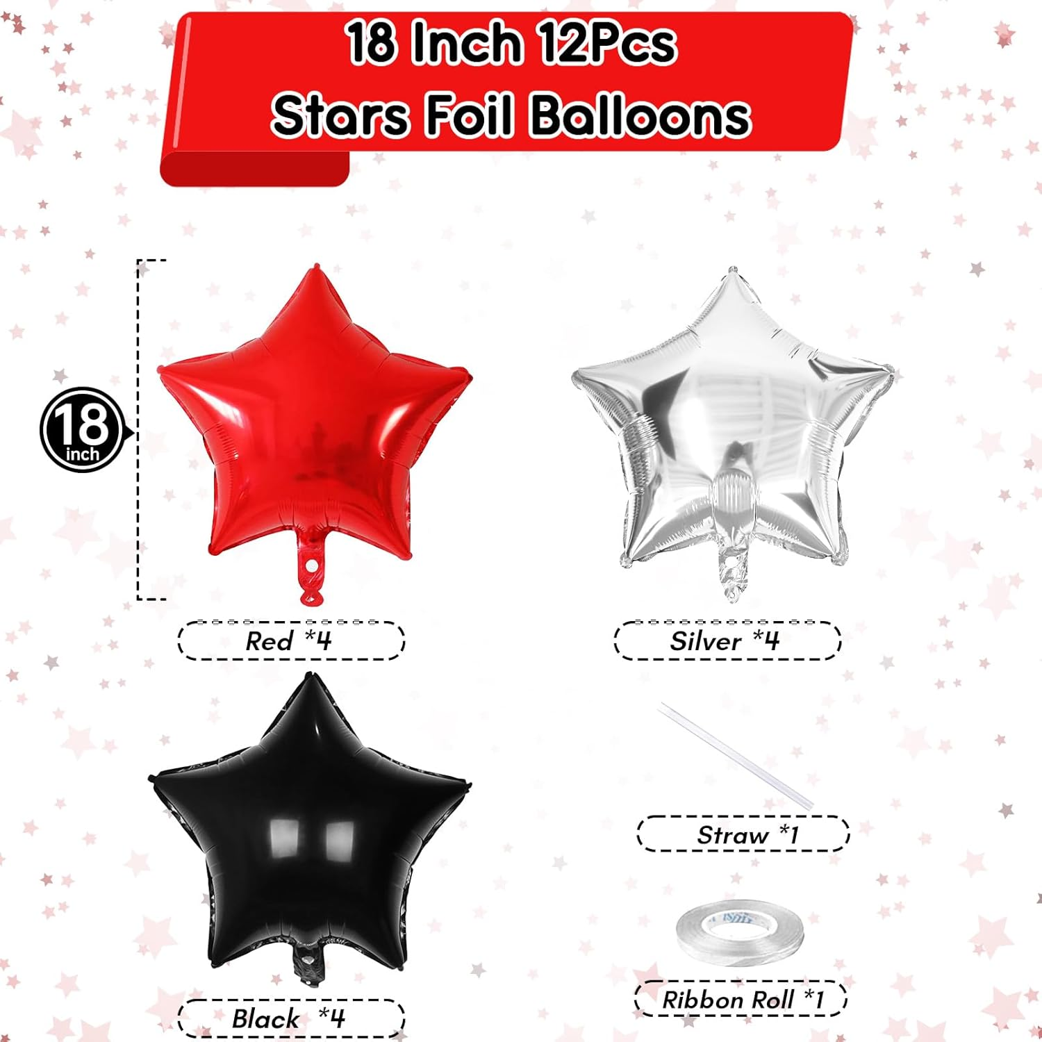 Black Red Star Foil Balloons, 18 Inch Black Silver Pentagram Aluminum Foil Balloons 12 Pcs Large Black Red and Silver Stars Shape Mylar Balloons for Birthday Casino Theme Racing Car Poker Party