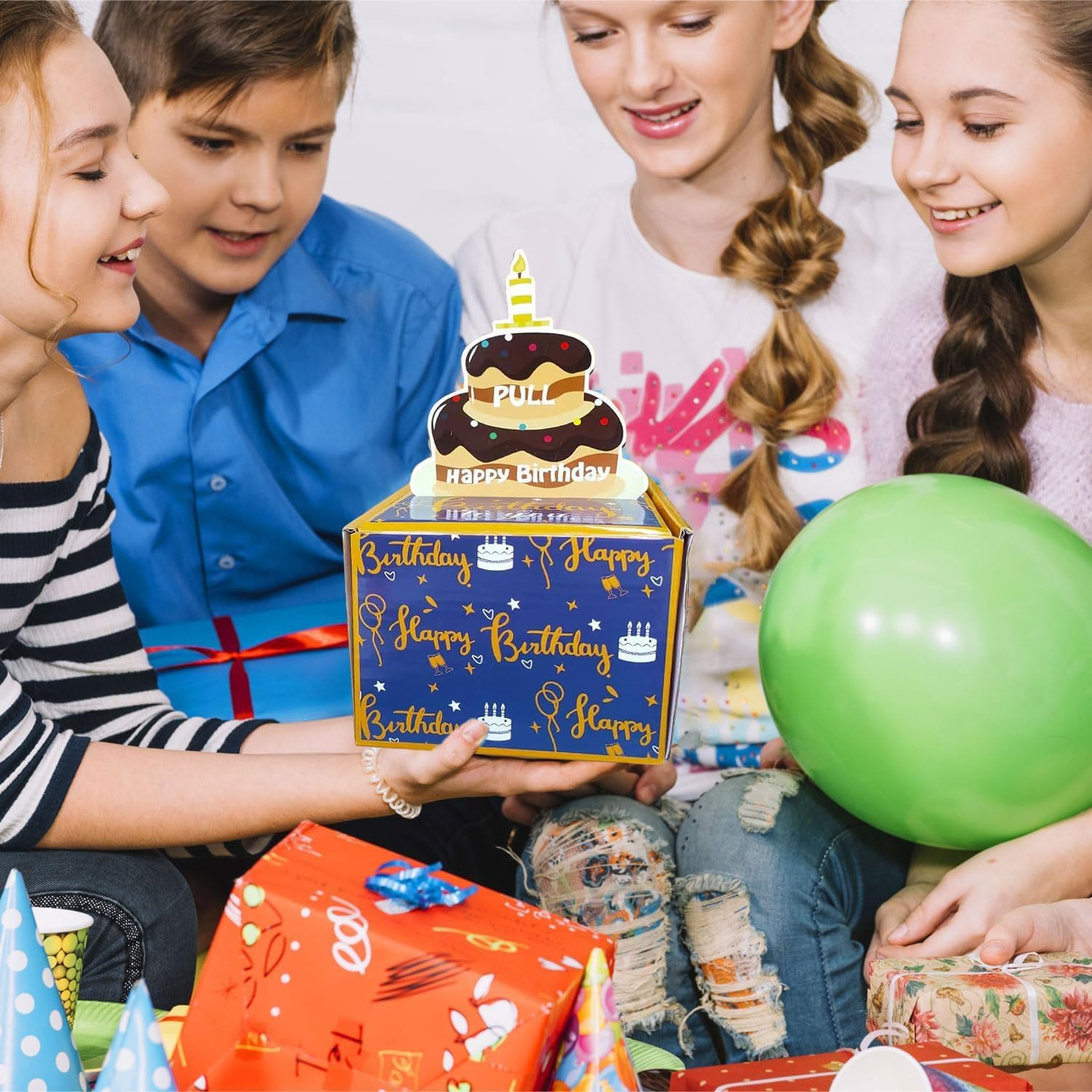 Pull Money Box Happy Birthday Surprise Set, Funny Cash Gift Box with DIY Card, Blue