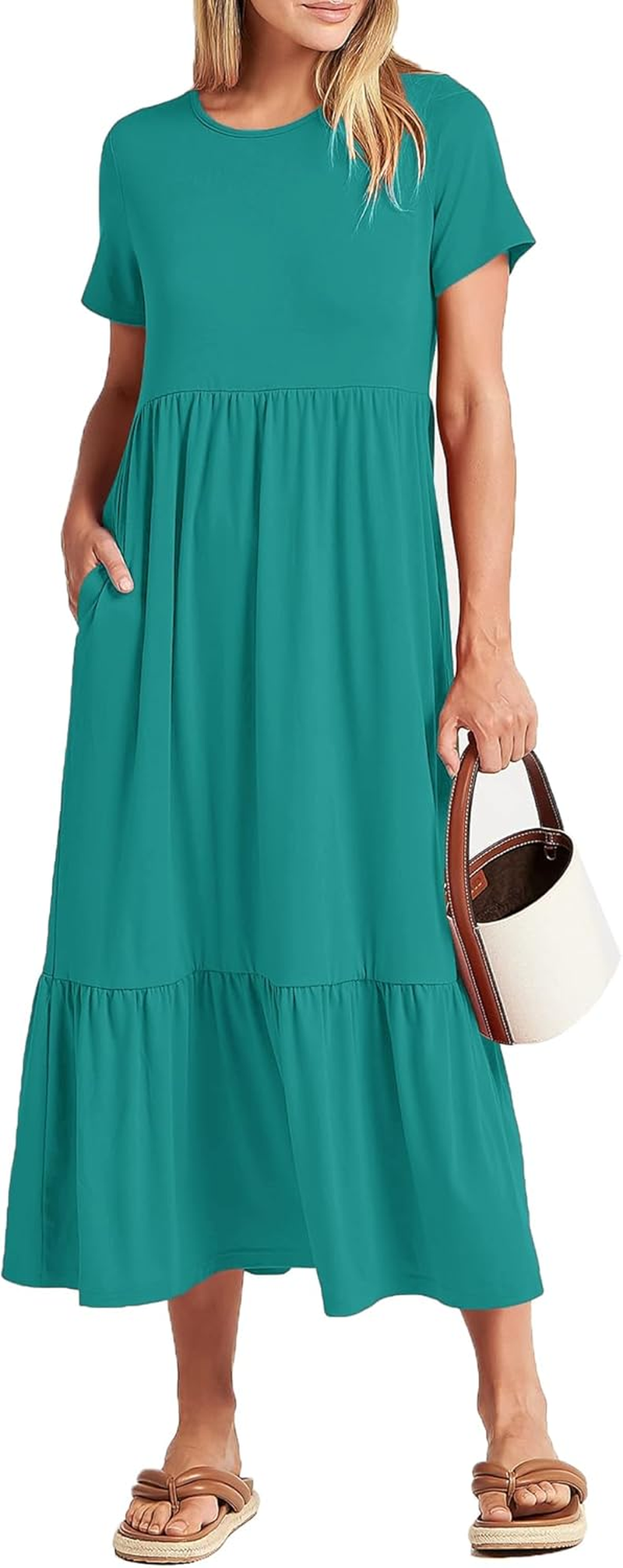 Women Nursing Short Sleeve Crew Neck Fall Dress Maternity Flowy Maxi Dresses Tiered Cocktail Dress with Pockets image number 1