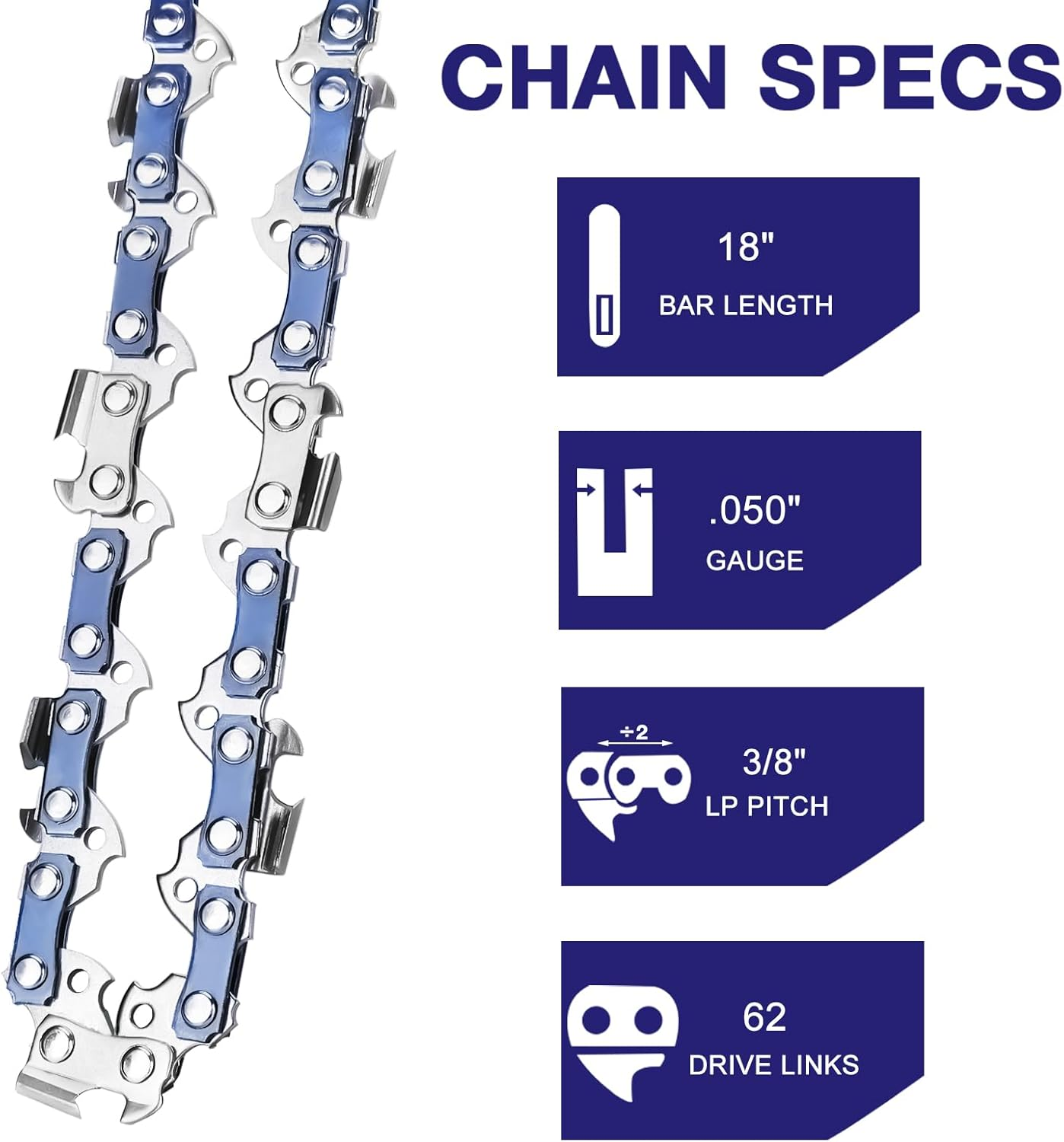 4 Pack 18 Inch Chainsaw Chain 3/8" LP Pitch .050'' Gauge 62 Drive Links Fits Poulan, Craftsman, Echo, Homelite and More image number 5