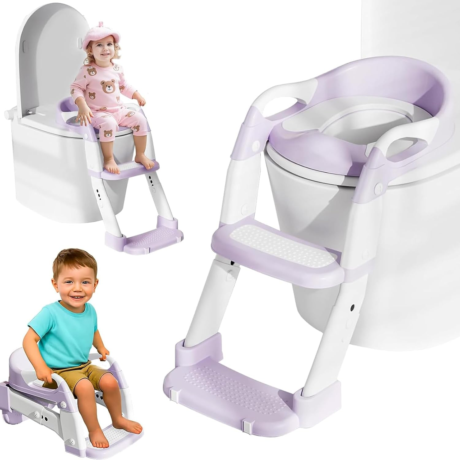 Multifunctional Toddler Potty Trainer with Adjustable Stool, 3-In-1 Potty Seat Cushion, and Step Ladder. Foldable Design with 5 Height Settings, Cushion Seat, and Non-Slip Base (Gray)