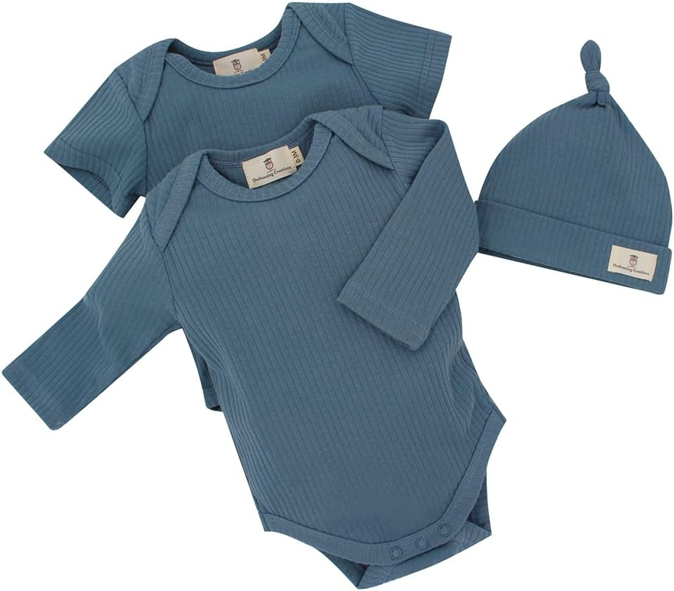 Newborn Baby Clothes - Baby Organic Ribbed Romper Gifit Set with Matching Style Beanie for Girls and Boys image number 1
