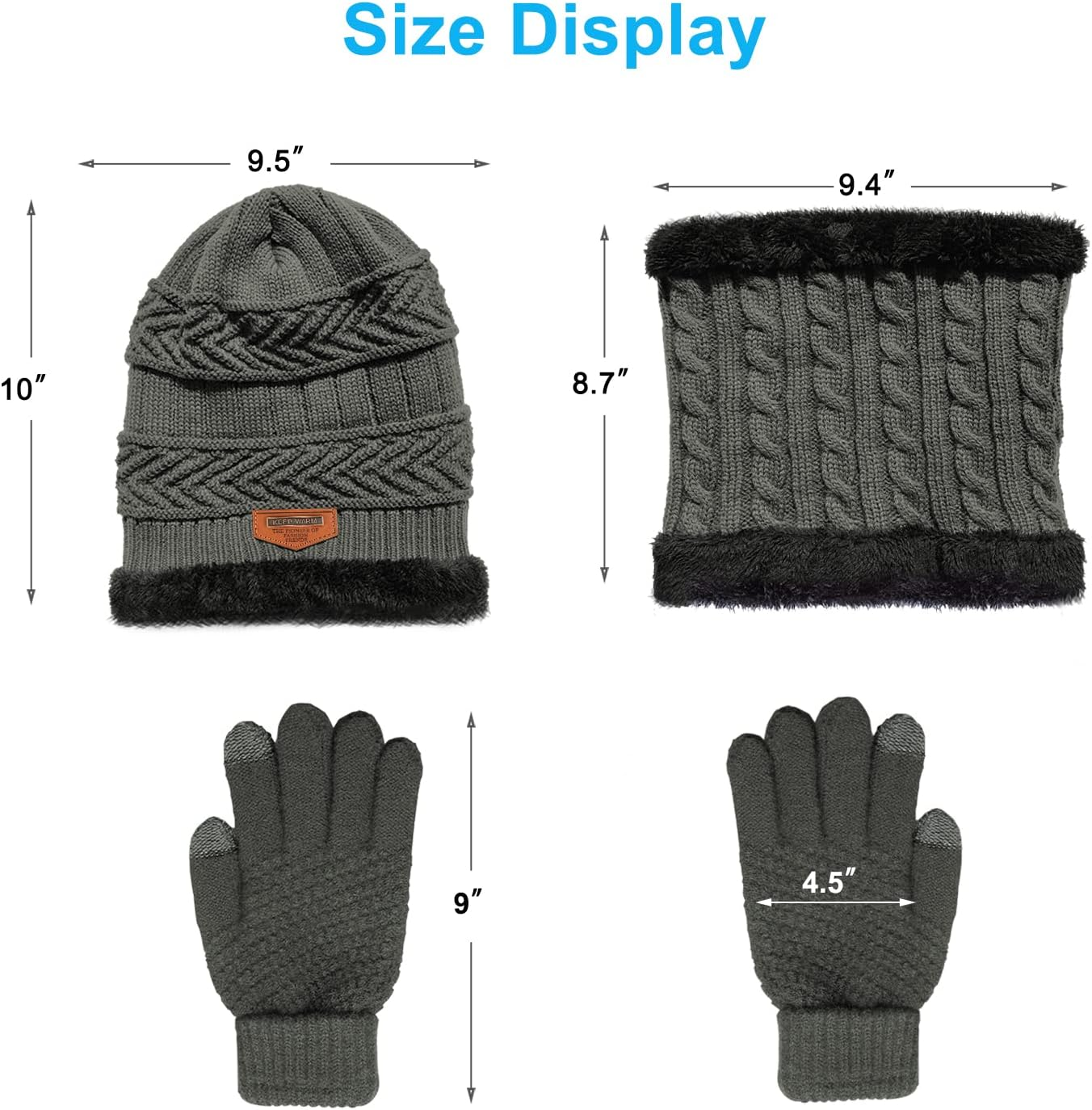 Yoklili Winter Knit Beanie Hat Neck Warmer Gloves Set, Fleece Lined Skull Cap Infinity Scarves Touch Screen Mittens for Men Women - Black image number 4