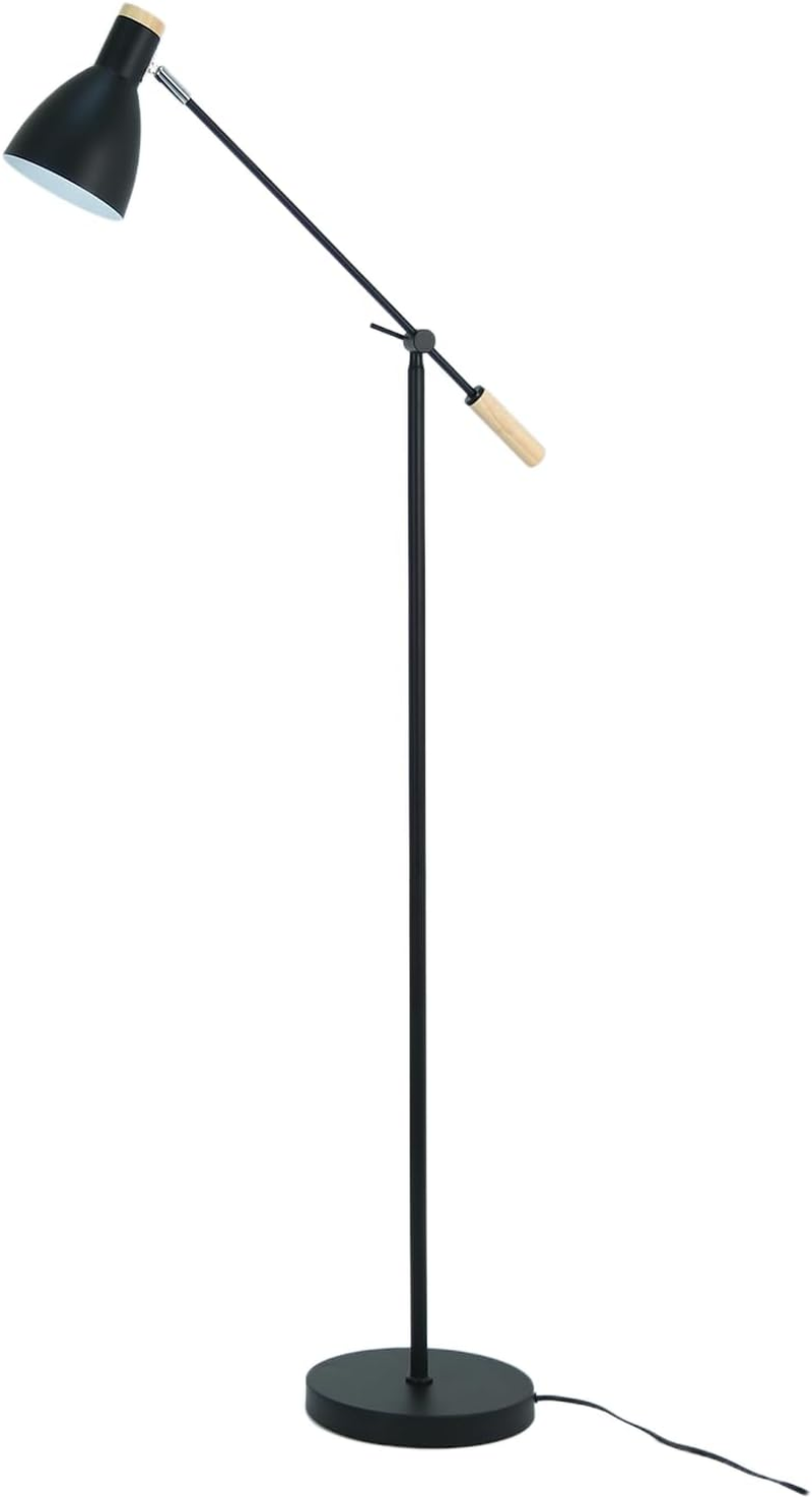 Lexi Lighting Scandinavian Adjustable Floor Lamp, Height 140Cm, E27 Lamp Holder, Black Metal Stand and Shade, Adjustable Arm with Wooden Handle, Task Light and Reading Lamp for Sofa-Side D&eacute;cor
