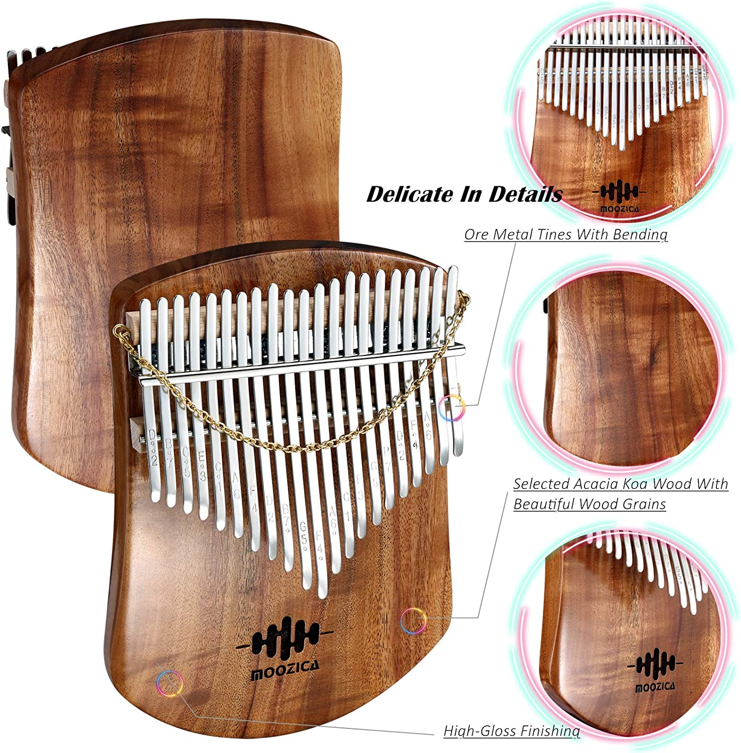 MOOZICA 21 Keys Solid Koa Kalimba, Single Solid Wood Board Professional Kalimba Thumb Piano Marimba with Learning Instruction and High Performance Carrying Case (Acacia Koa, K21KS) image number 2